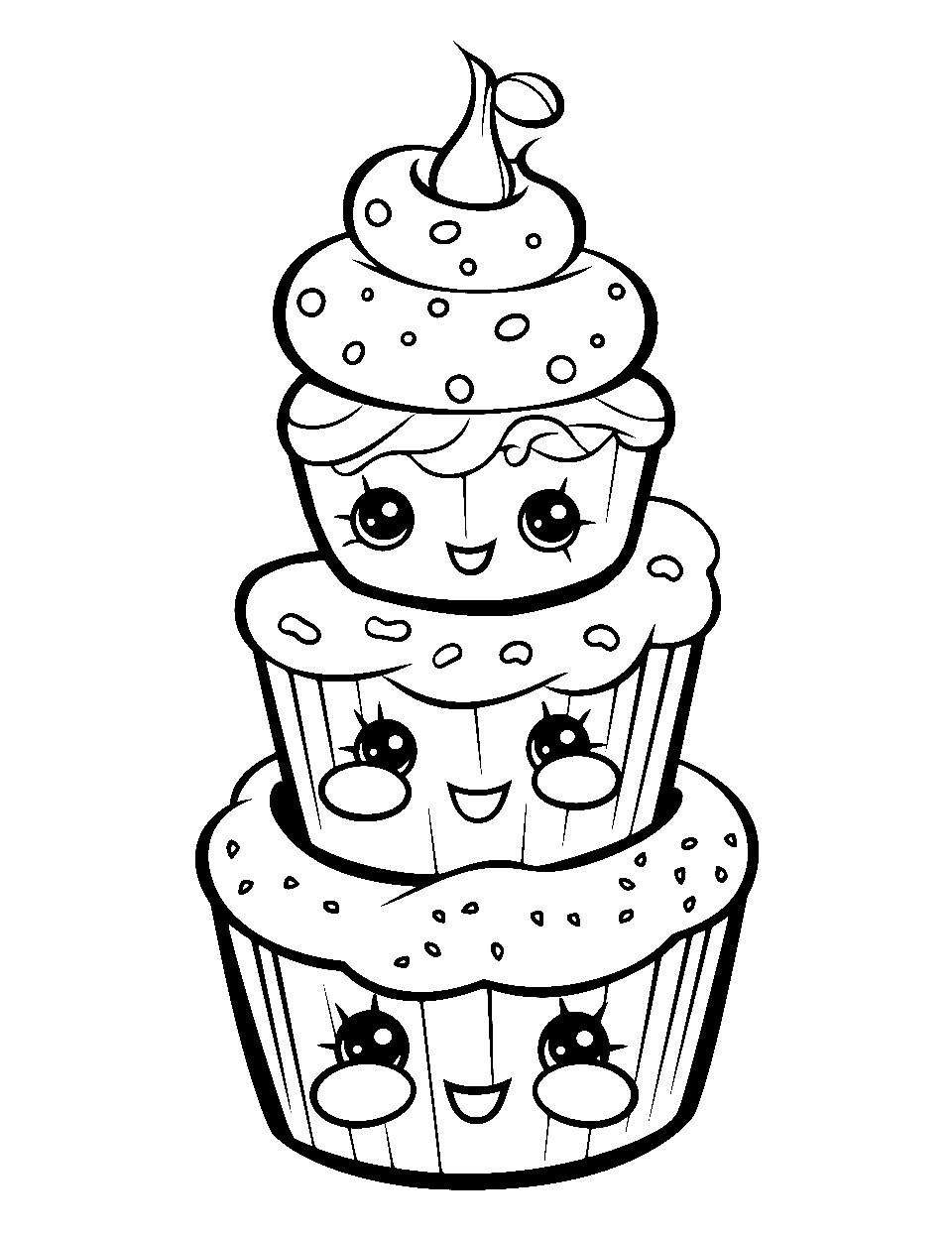 Cupcake Tower Delight Coloring Page - A towering stack of three cupcakes, each with a cute face.