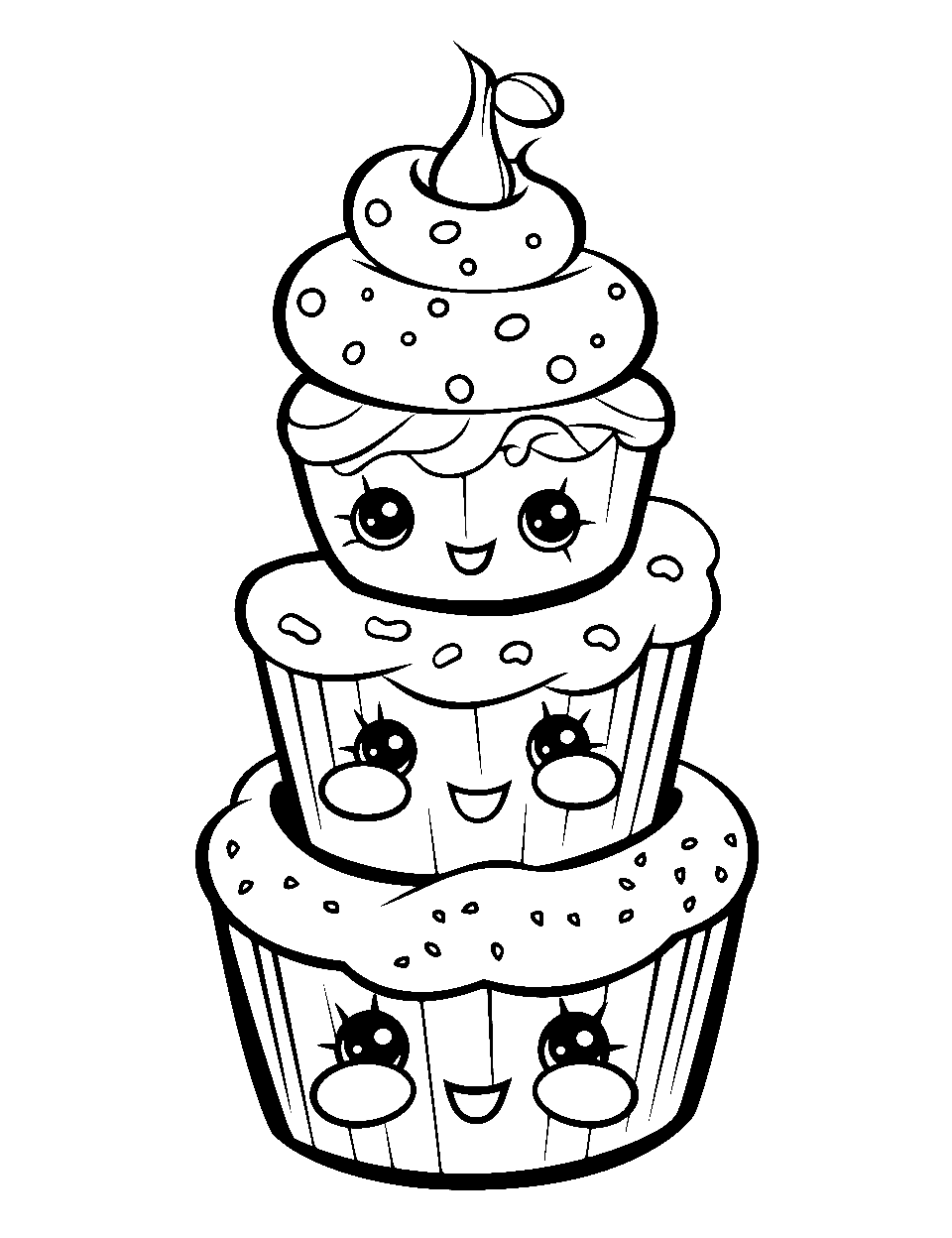 Cupcake Tower Delight Shopkins Coloring Page - A towering stack of three cupcakes, each with a cute face.