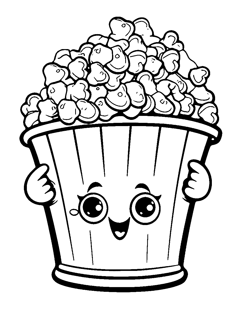 Popcorn Shopkin Shopkins Coloring Page - A tub of popcorn holds both hands up and beams straight at you, popped kernels spilling over the rim. Stripes run down the tub, which begs for the red and white cinema look. Leave the popcorn pale so the stripes stay the loudest part of the page.