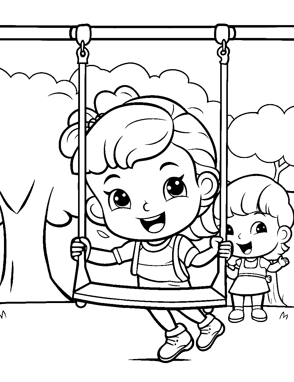 Park Playing Shopkins Coloring Page - Shopkins in a park ready to have fun on swings.