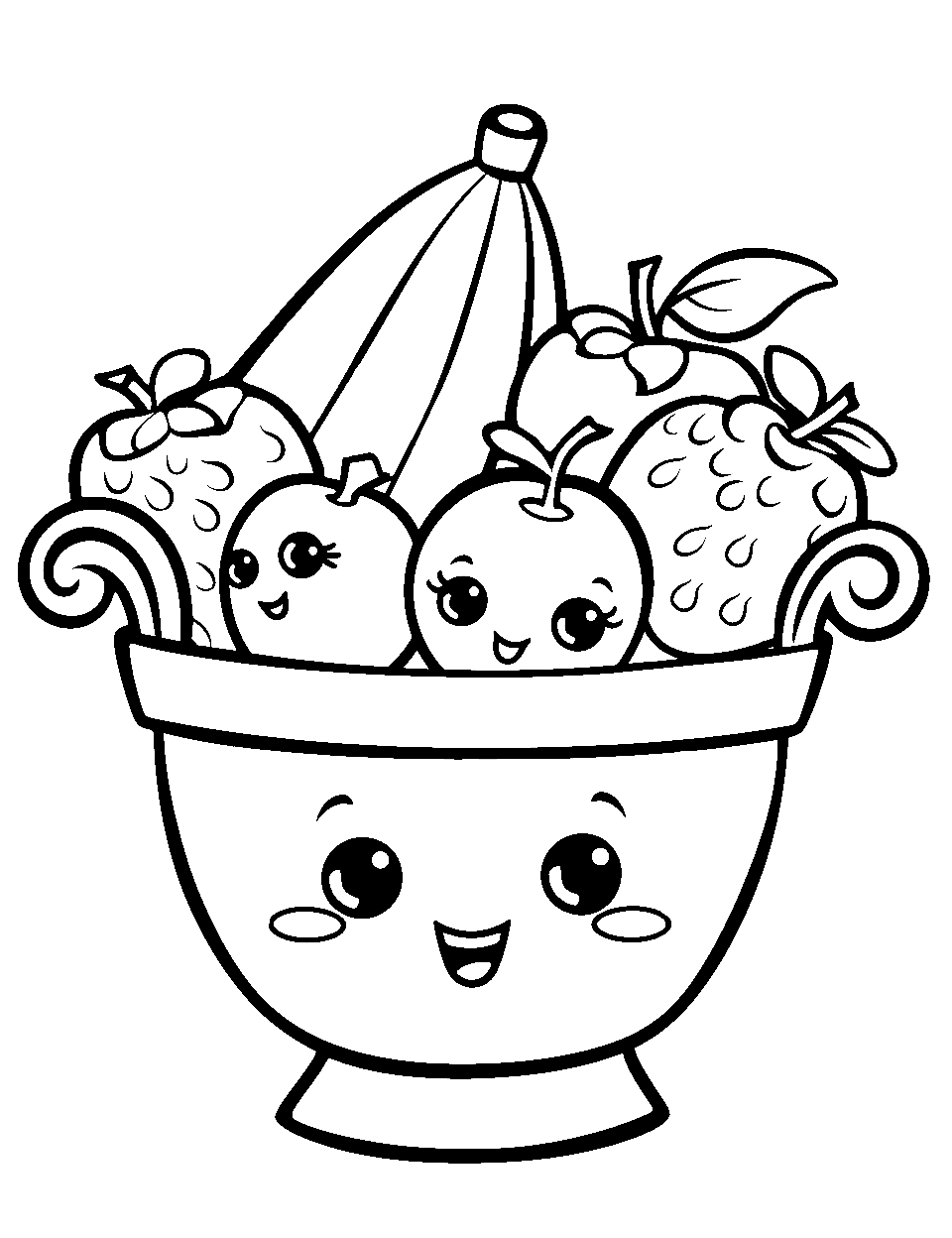 Kawaii Fruit Basket Coloring Page - A basket filled with kawaii-style fruits.