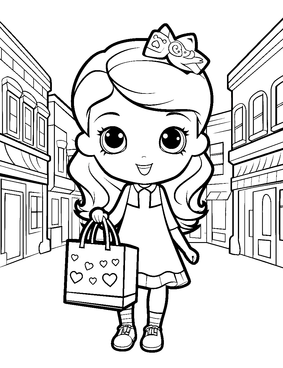 Girl Shopkin's Day Out Shopkins Coloring Page - A girl Shopkin with a shopping bag, strolling in the city.