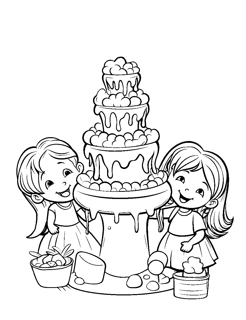 Chocolate Fountain Fiesta Coloring Page - Shopkins gathered around a cascading chocolate fountain, enjoying the treat.
