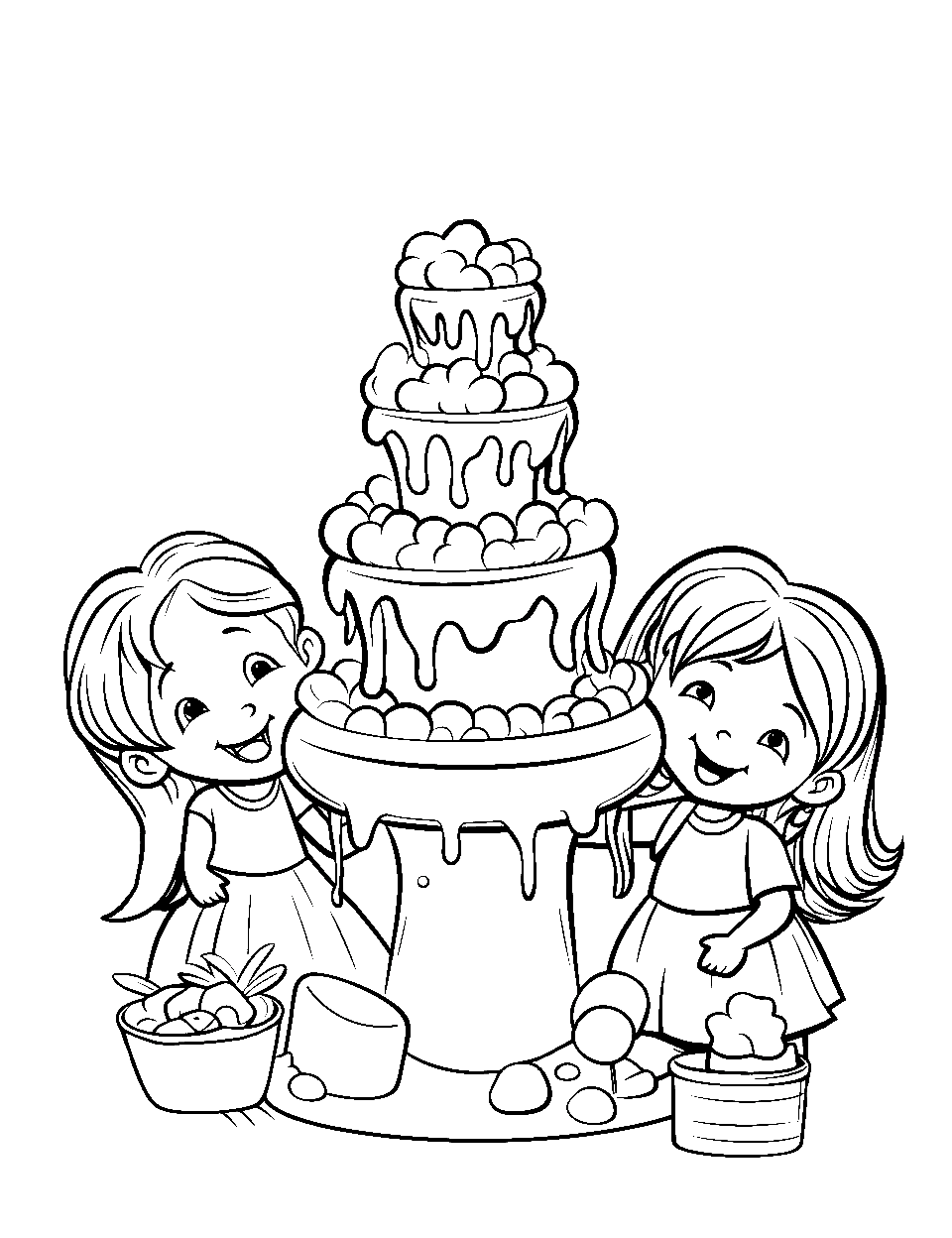 Chocolate Fountain Fiesta Shopkins Coloring Page - Shopkins gathered around a cascading chocolate fountain, enjoying the treat.