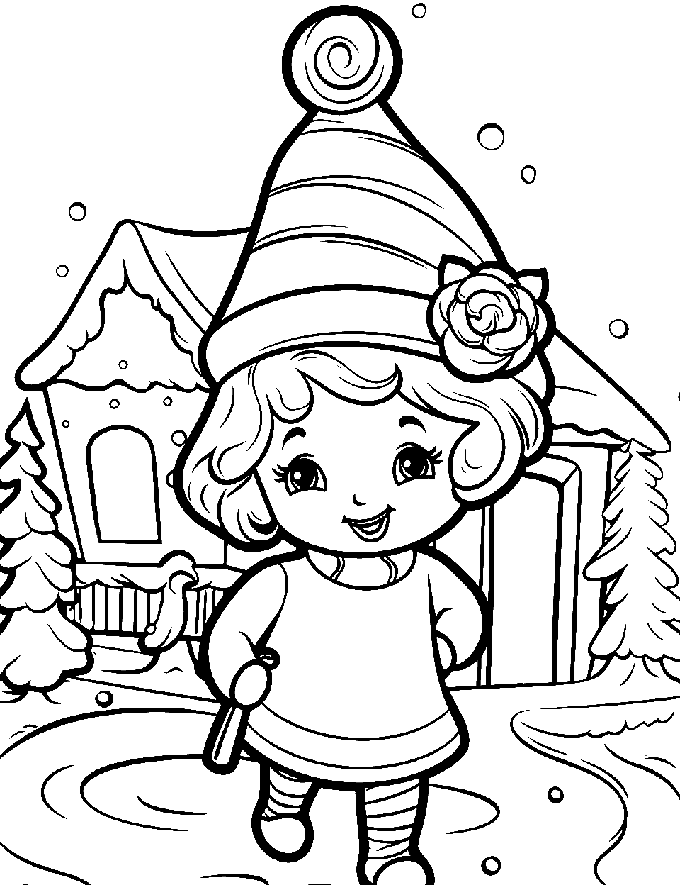 Shopkin Winter Scene Coloring Page - A winter scene with Shopkin outside its house wearing winter clothing.