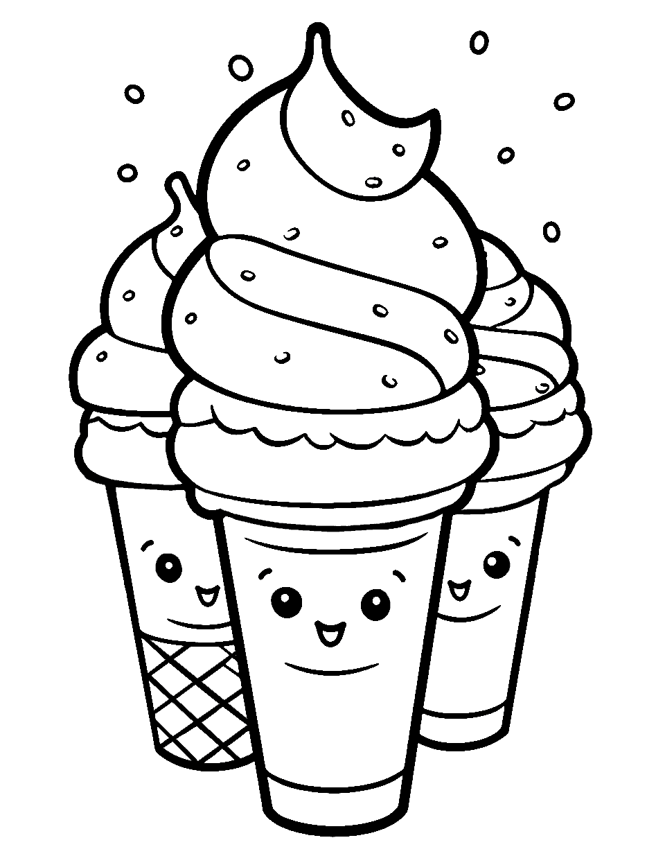 Ice Cream Cone Trio Coloring Page - Three ice cream cones sitting side by side with smiley faces.
