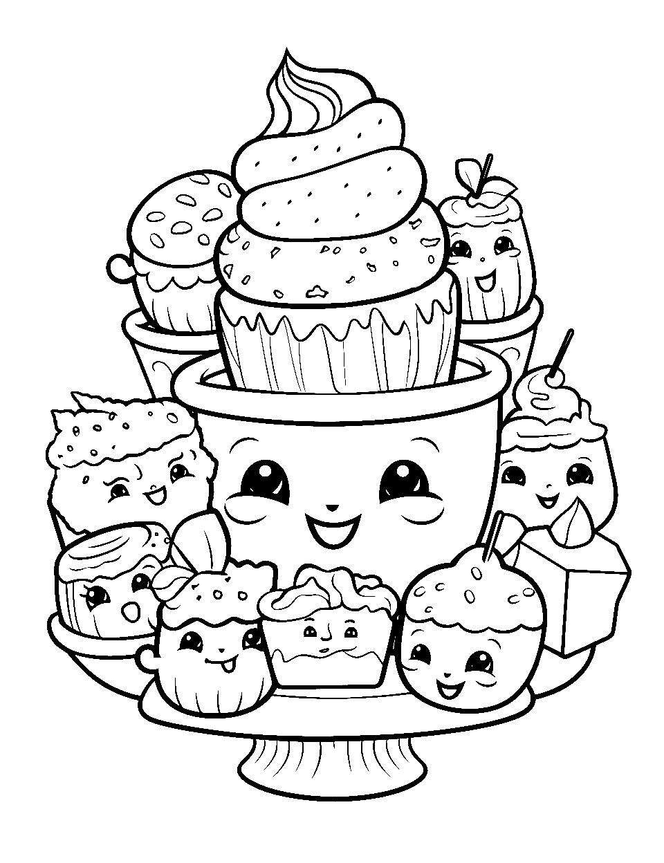 Dessert Delight Party Coloring Page - A table filled with various desserts, with joyful Shopkin faces.