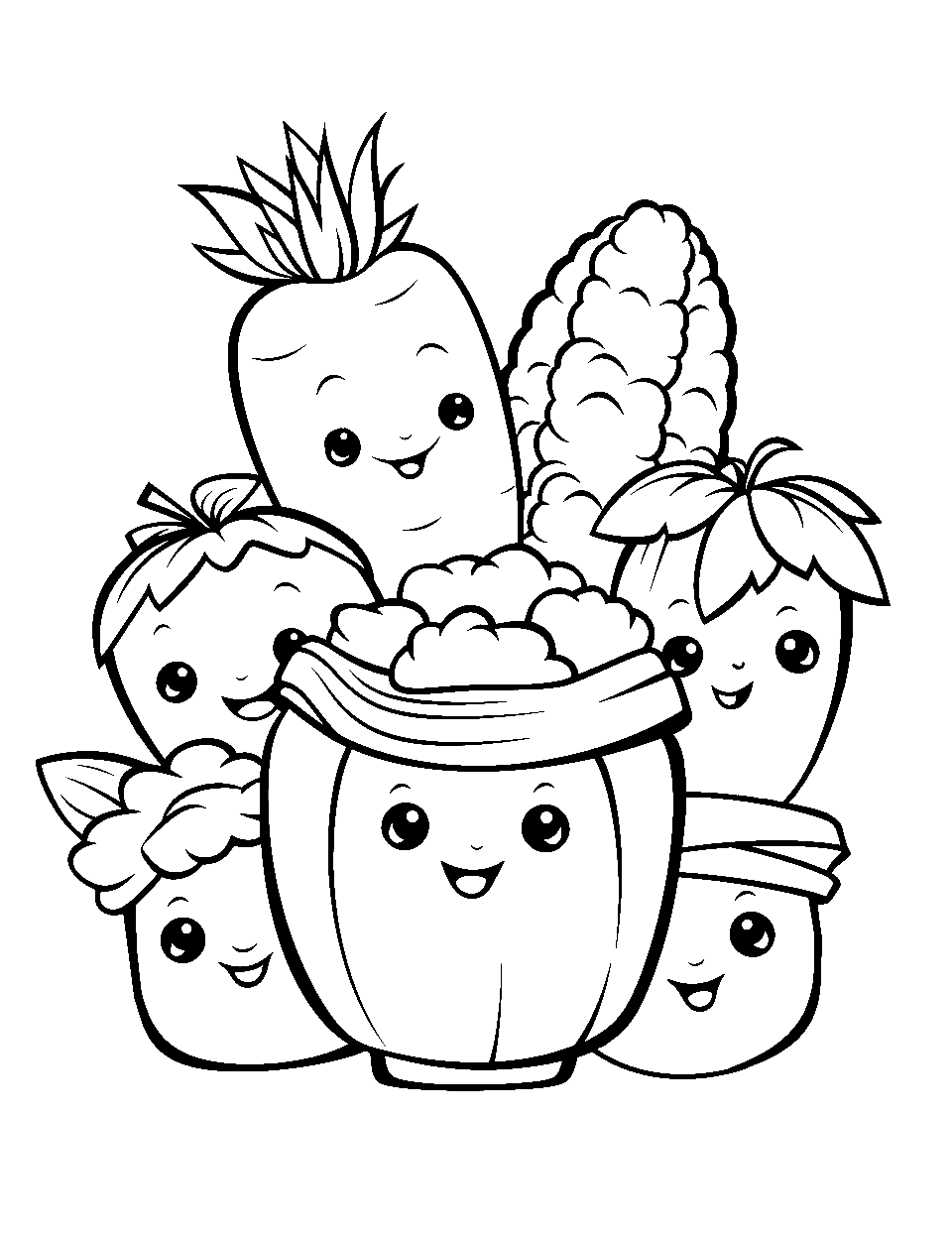 Farm Fresh Veggies Coloring Page - Vegetable Shopkins with joyful expressions.