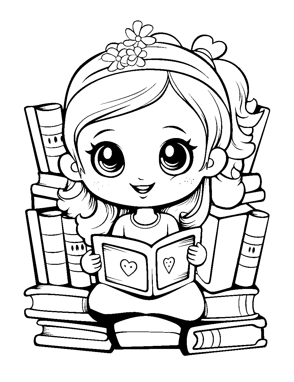 Story Time With Books Shopkins Coloring Page - Cross-legged on the floor, she reads an open book with a heart printed on each page. Upright books line up on both sides of her and more are stacked underneath. Giving every spine a different color turns the border into a rainbow. It is a calm one for quiet time or a wind-down after school.