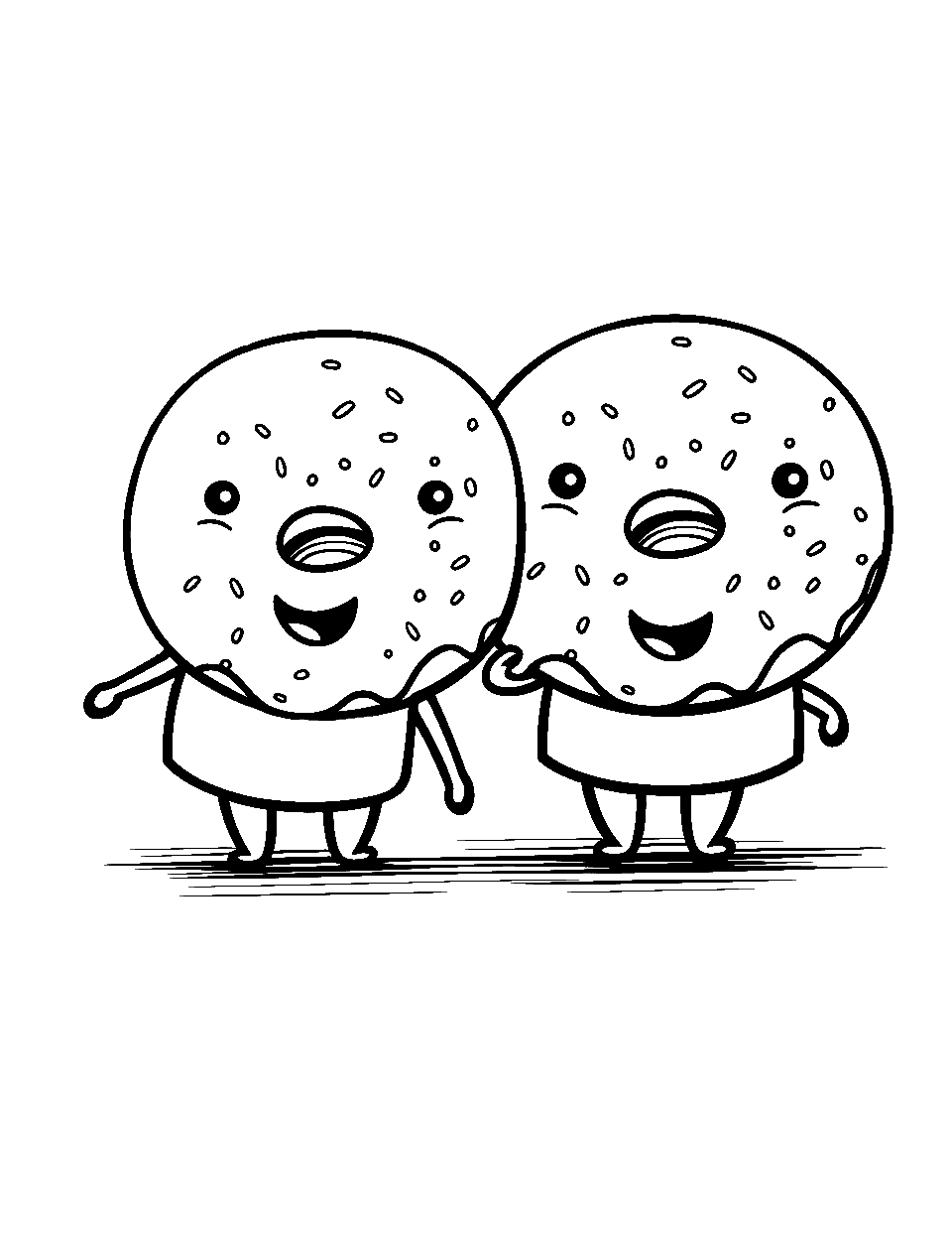 The Donut Duo Coloring Page - Two donuts both, having giggly expressions.