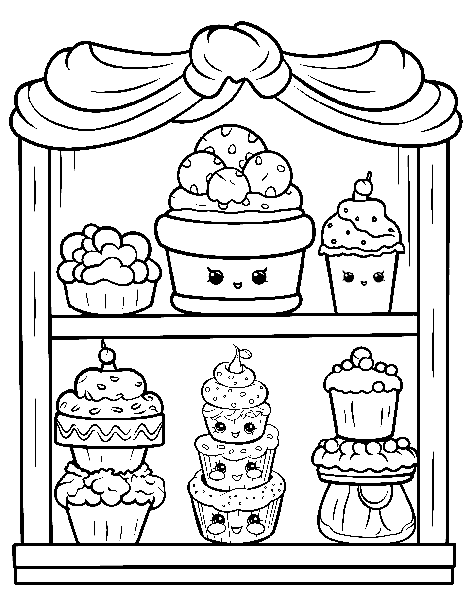 Cupcake Window Display Shopkins Coloring Page - A shop window holds two shelves of cakes and cupcakes behind a curtain draped along the top. Some of the treats have faces and some are just frosting and cherries. The frame splits everything into neat boxes, which makes it easy to plan colors shelf by shelf.