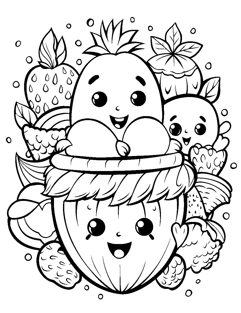 Fruit Fiesta Fun Coloring Page - Fruit Shopkins clumped together, ready to be showcased in a shop.