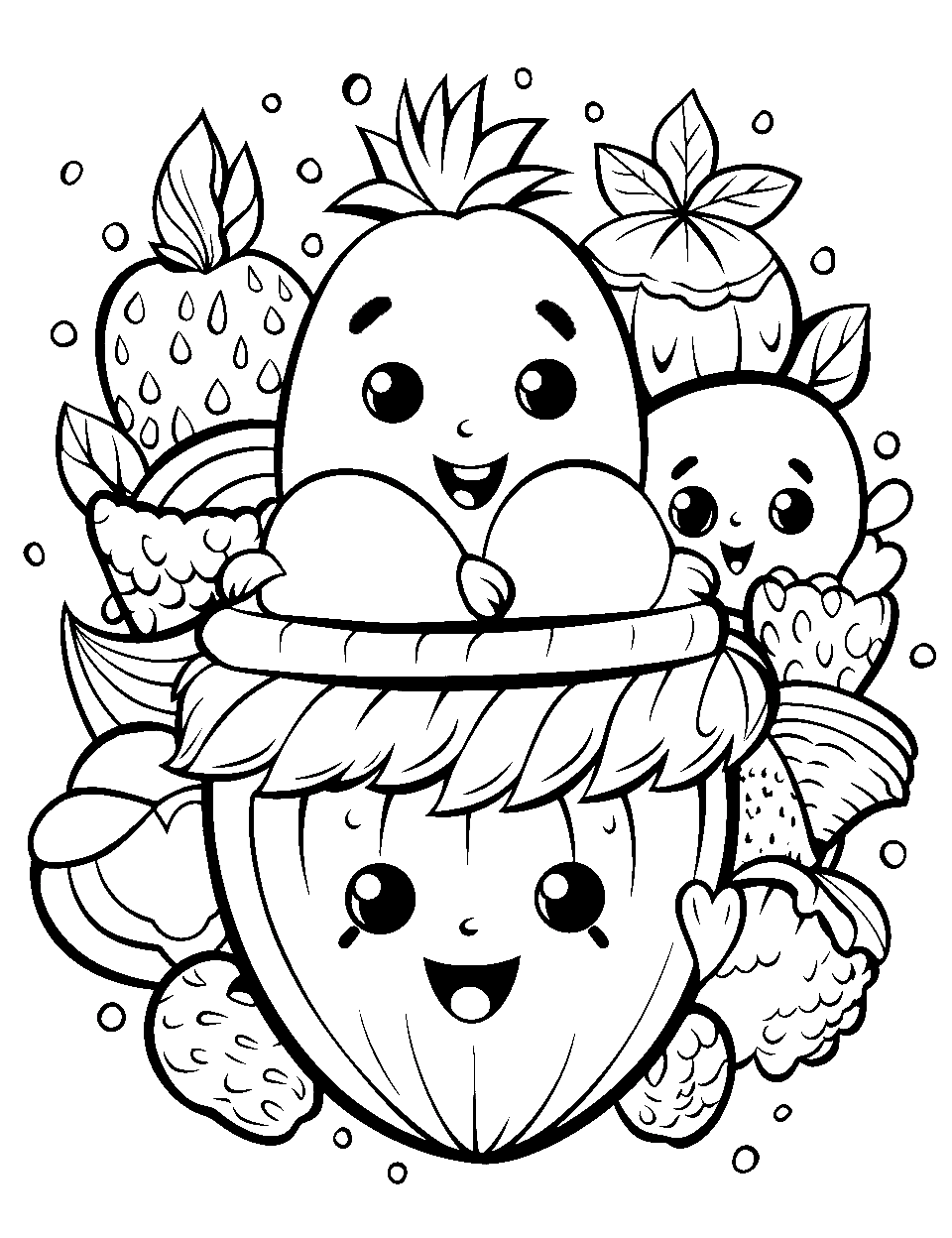 Fruit Fiesta Fun Shopkins Coloring Page - Fruit Shopkins clumped together, ready to be showcased in a shop.