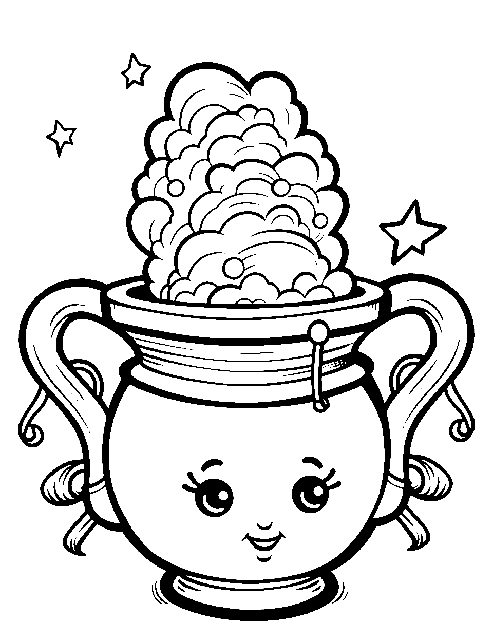 Magic Potion Mix Coloring Page - Wizard brewing a magical potion in a bubbling Shopkin cauldron.