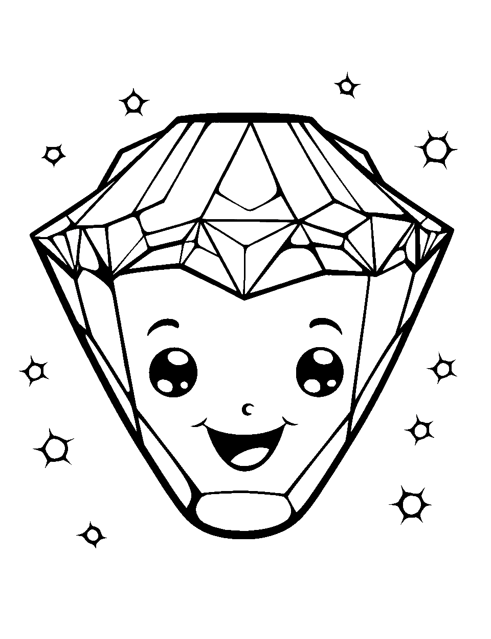 Sparkling Gem Smile Shopkins Coloring Page - A cut gem fills most of this sheet, with a wide smile under the facets and sparkles floating around it. Every facet is its own small shape, so colored pencils work better here than crayons. Try one color in two shades, pale on the top facets and deeper below, and the gem looks like it catches light.