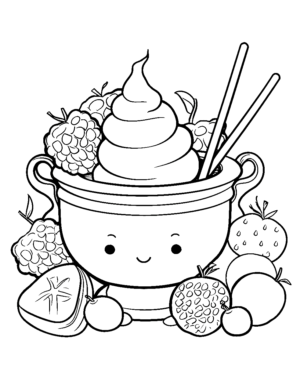 Chocolate Fondue Fun Coloring Page - A melting pot of chocolate with fruits around, ready to be dipped.
