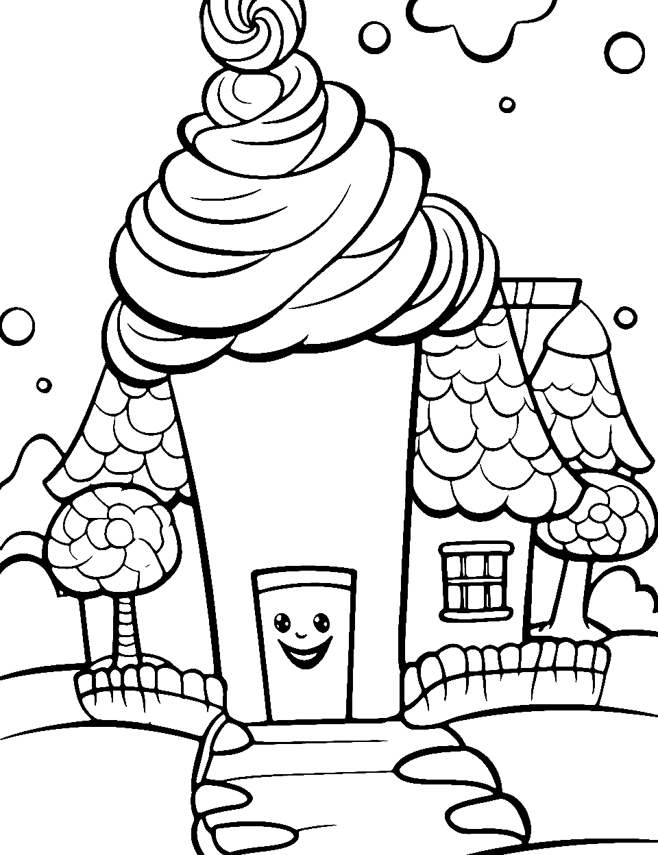 Candy Land Adventure Coloring Page - A colorful Candyland surroundings leading to a candy house.