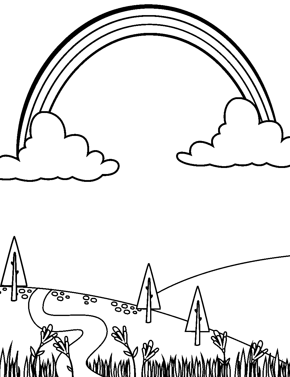Rainbow Arching Over Field Coloring Page - A vast field with a bright rainbow curving overhead.