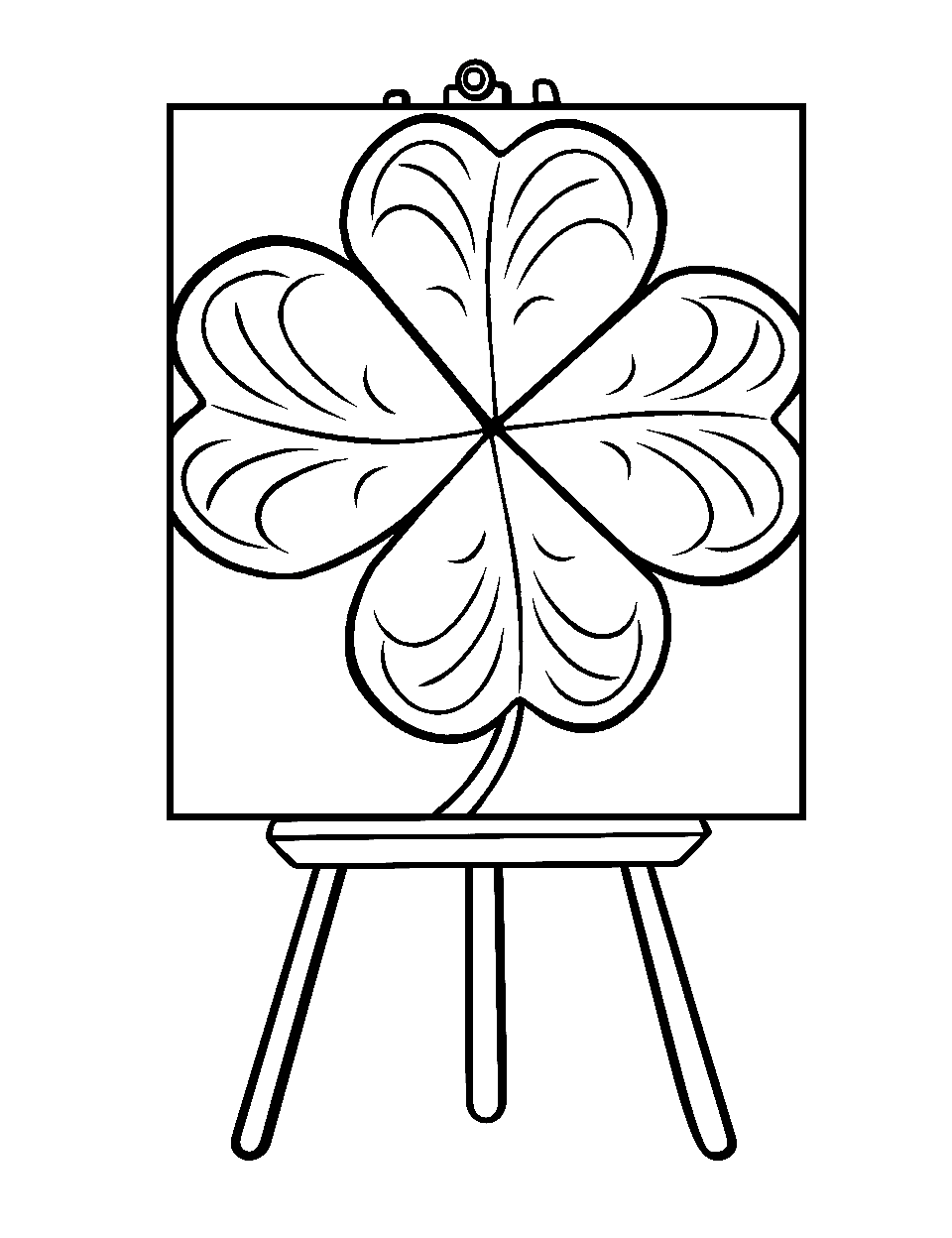 Art Easel with a Clover Painting Coloring Page - An easel displaying a beautiful painting of a clover.