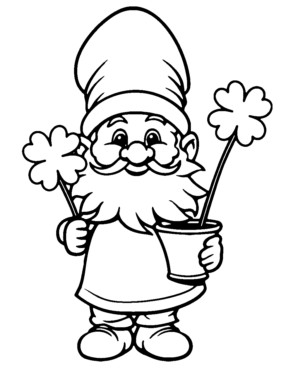 Gnome Holding a Clover Coloring Page - A cheerful gnome clutching a shamrocks in his hands.