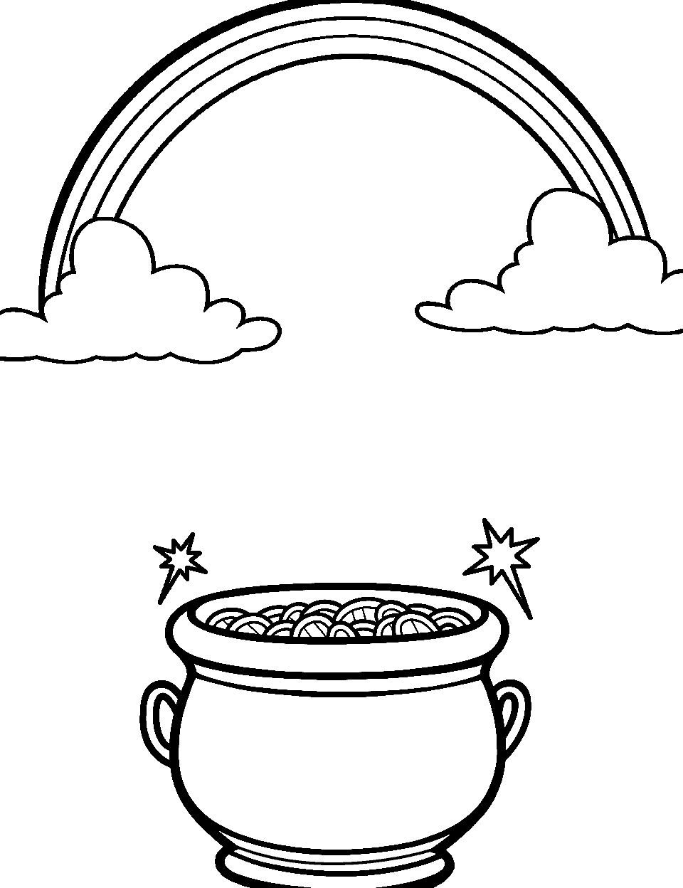 Pot under the Rainbow Coloring Page - A shimmering pot of gold under a vibrant rainbow.