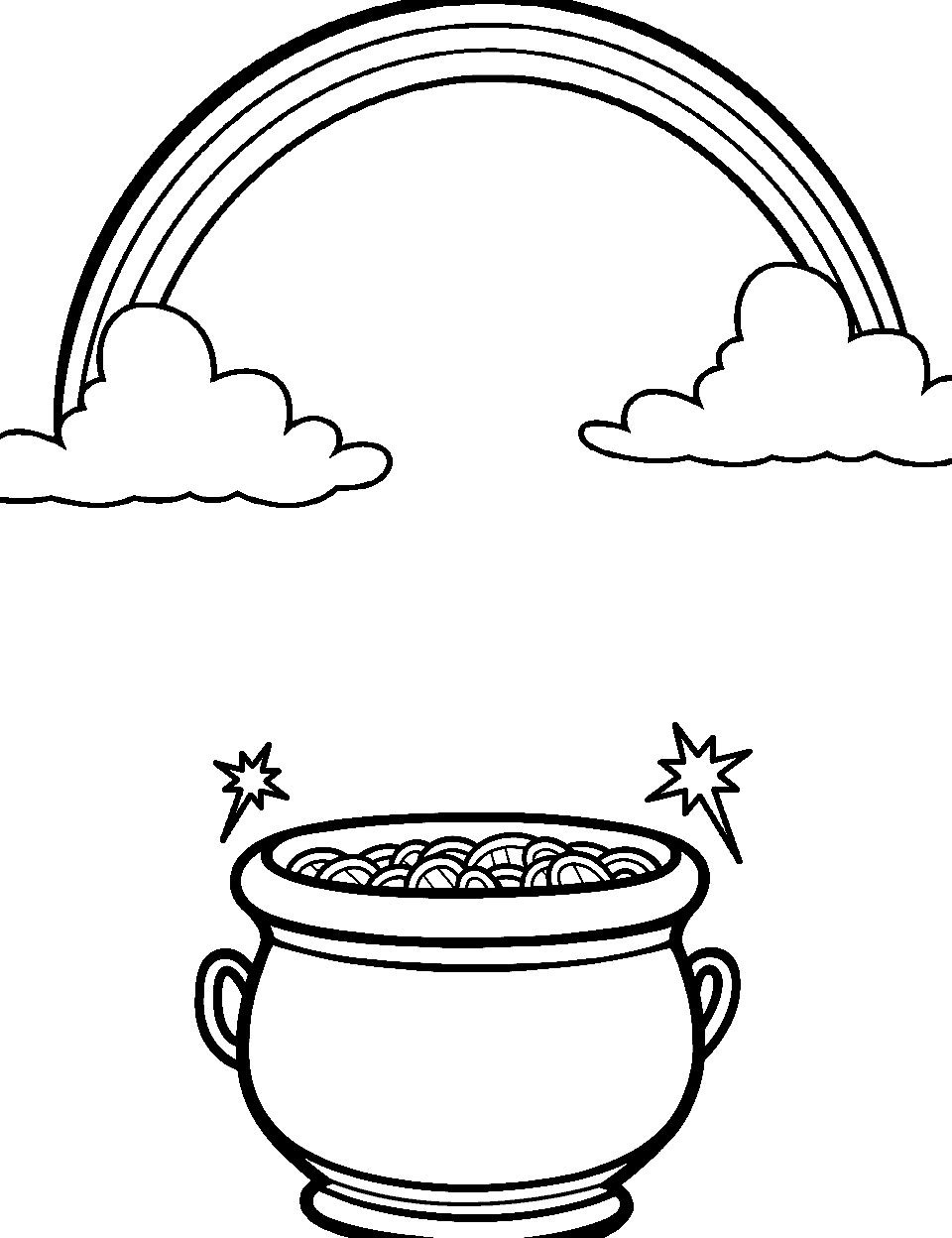 Pot under the Rainbow St Patricks Day Coloring Page - A shimmering pot of gold under a vibrant rainbow.