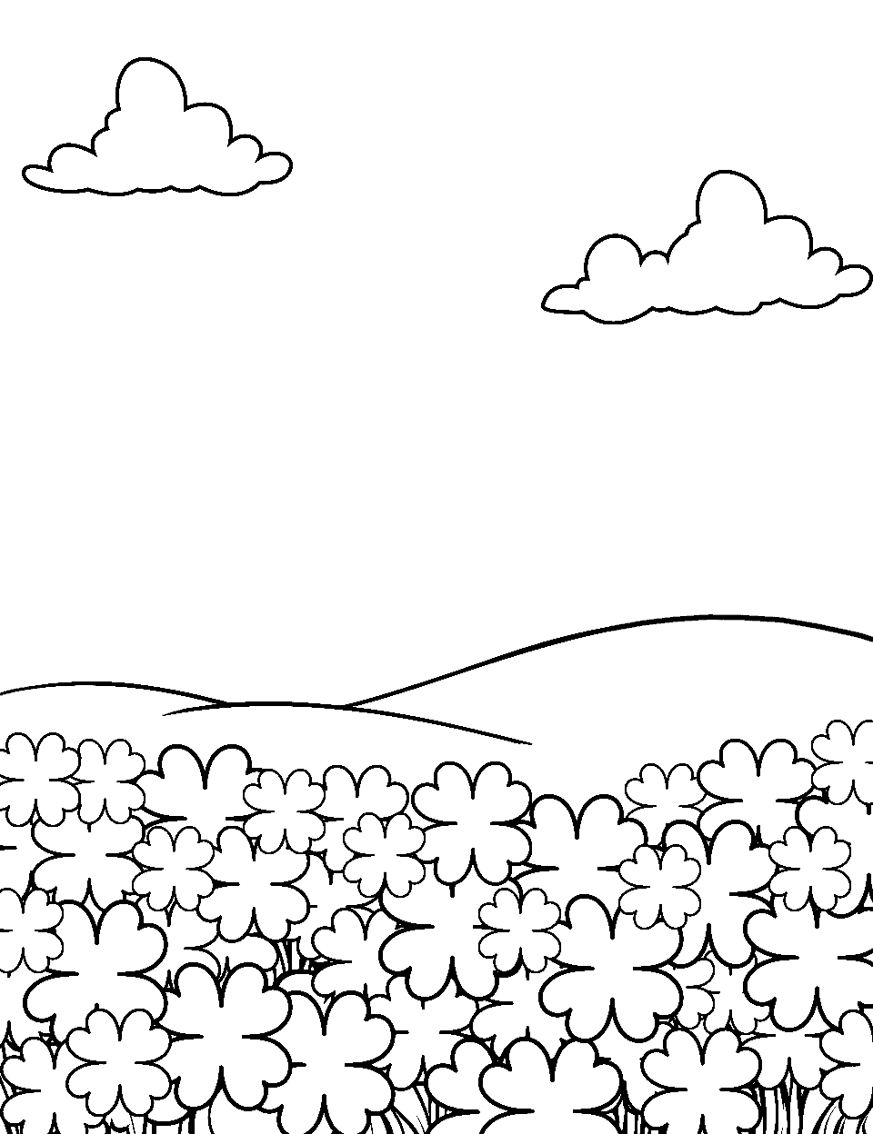 Clover Field Under Clouds St Patricks Day Coloring Page - A sprawling clover field with a few fluffy clouds overhead.