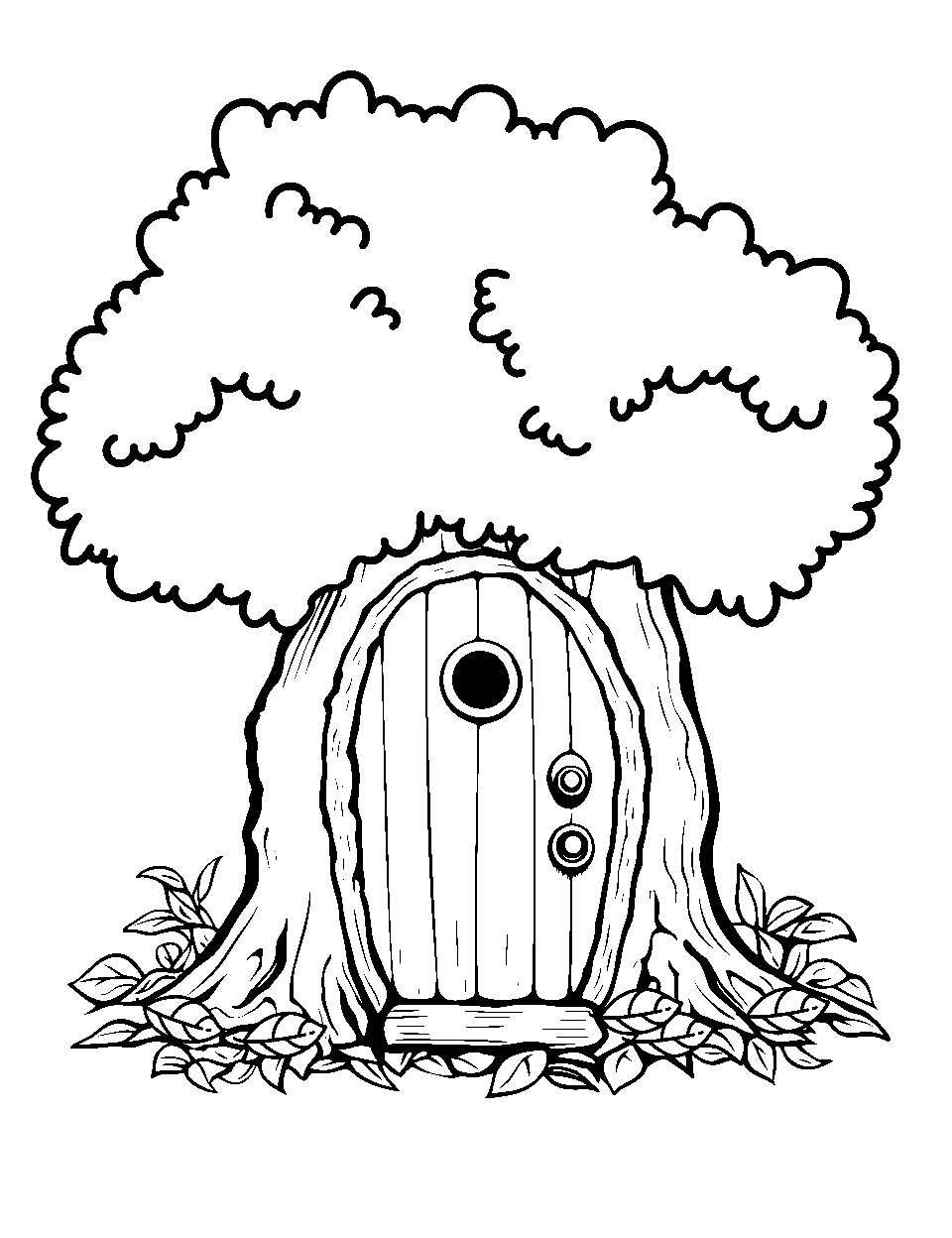 Mysterious Leprechaun Door Coloring Page - A tiny, ornate door at the base of a tree, hinting at a leprechaun’s home.