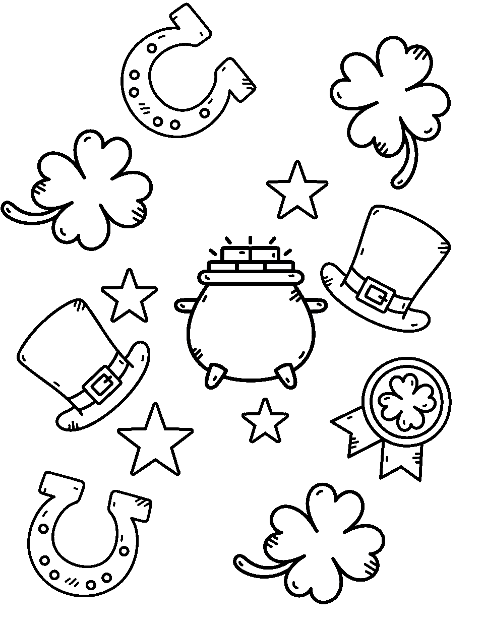 Lucky Charms on a Table St Patricks Day Coloring Page - Various lucky charms spread out on the floor.