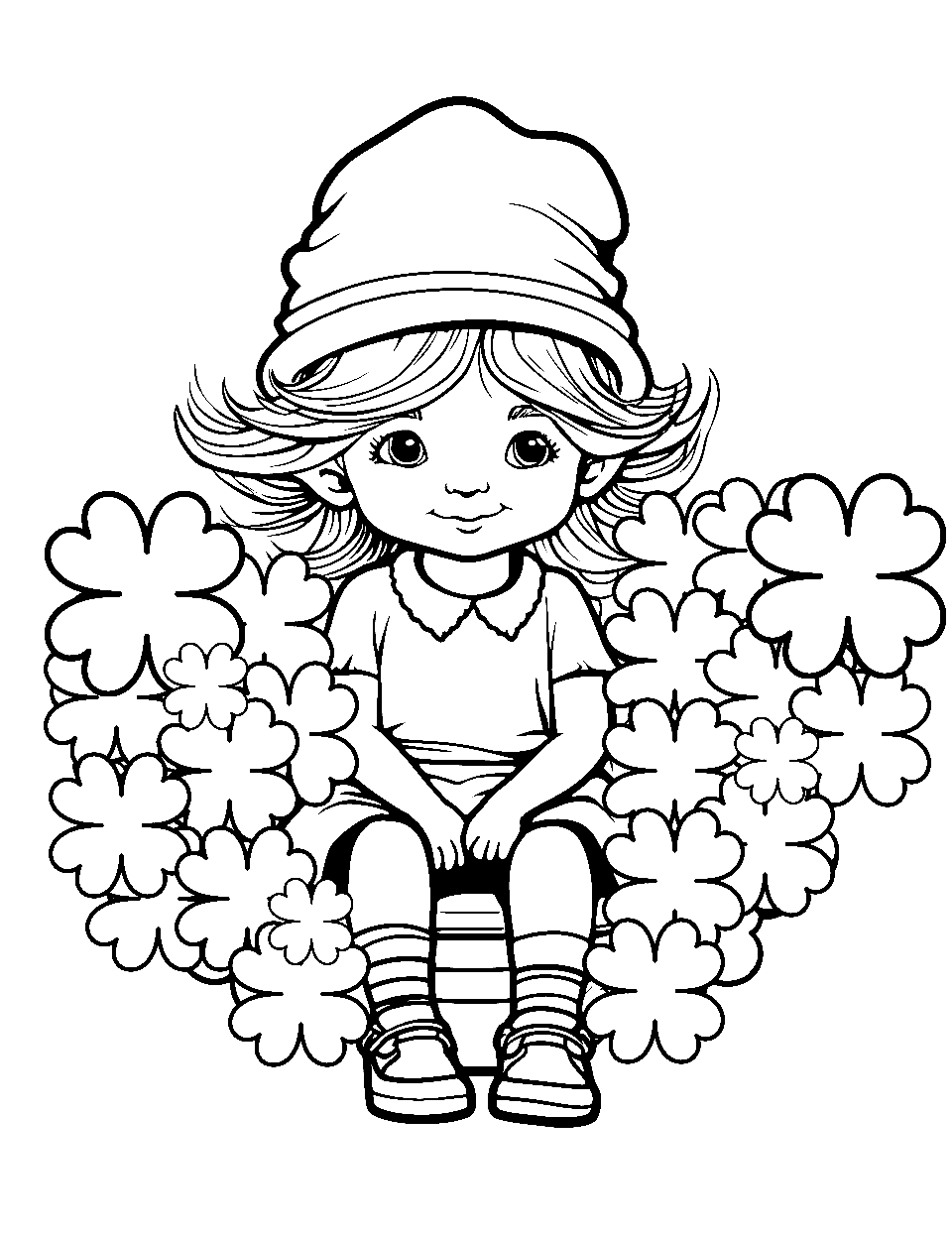 Elf Sitting on Clovers Coloring Page - An elf taking a break, seated comfortably on giant shamrocks.