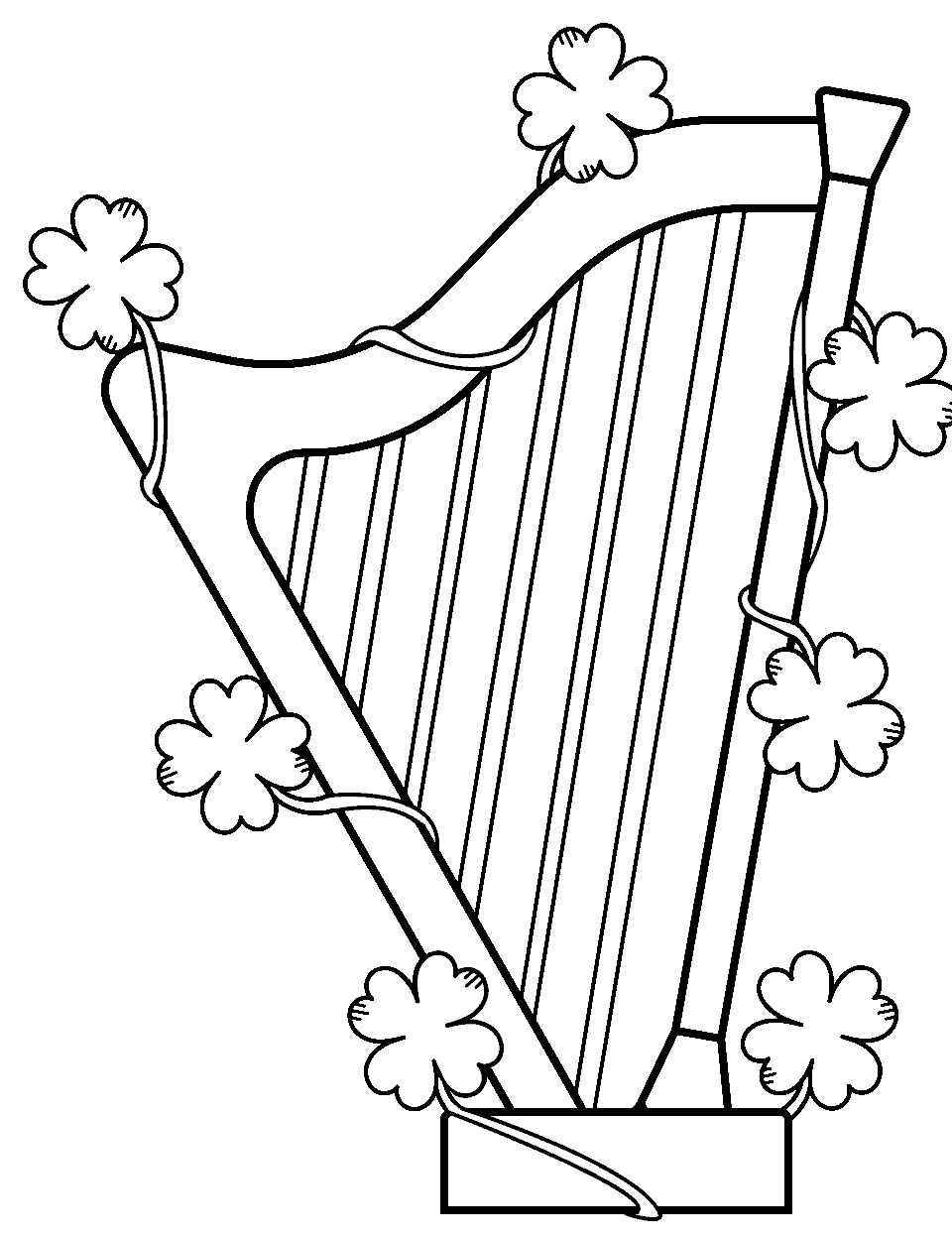 Golden Harp with Shamrock Motif Coloring Page - A golden harp intricately designed with shamrock motifs.