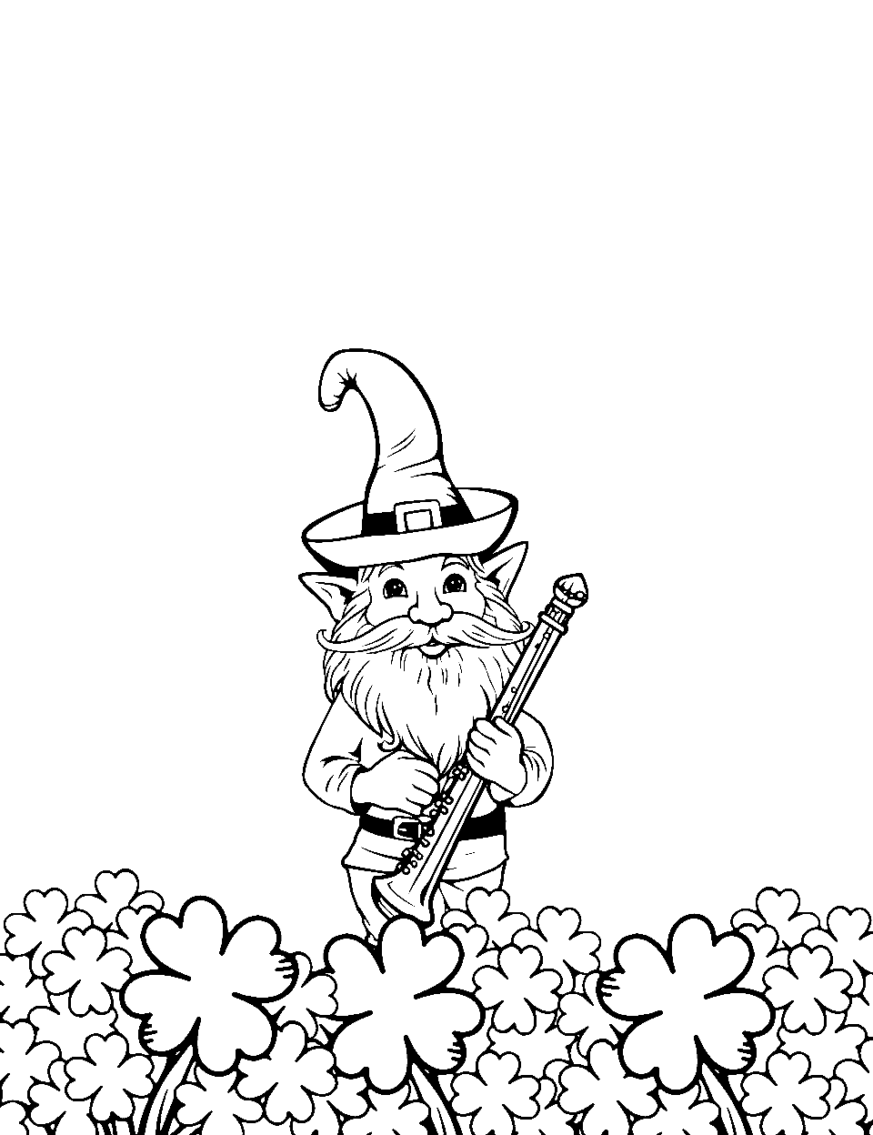 Jolly Gnome holding a Flute Coloring Page - A gnome holding a tune on his flute amidst clover patches.