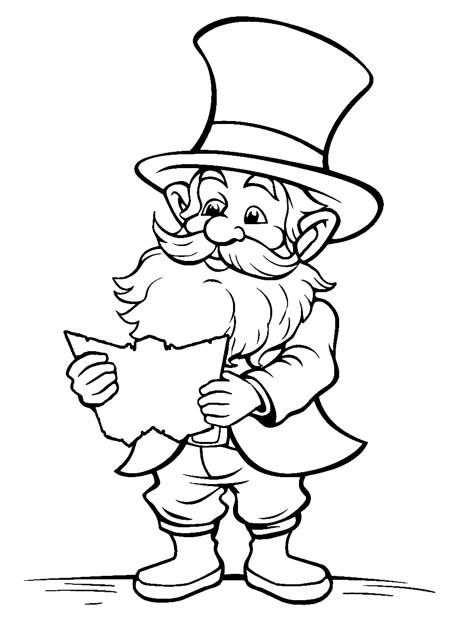 Elderly Leprechaun Reading a Map Coloring Page - An elderly leprechaun intently studying a treasure map.