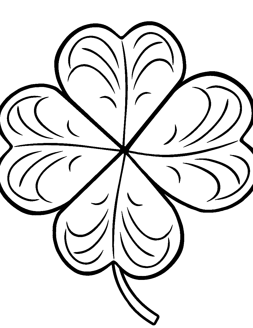 Detailed Four-Leaf Clover Coloring Page - An up-close view of a detailed four-leaf clover with intricate patterns.