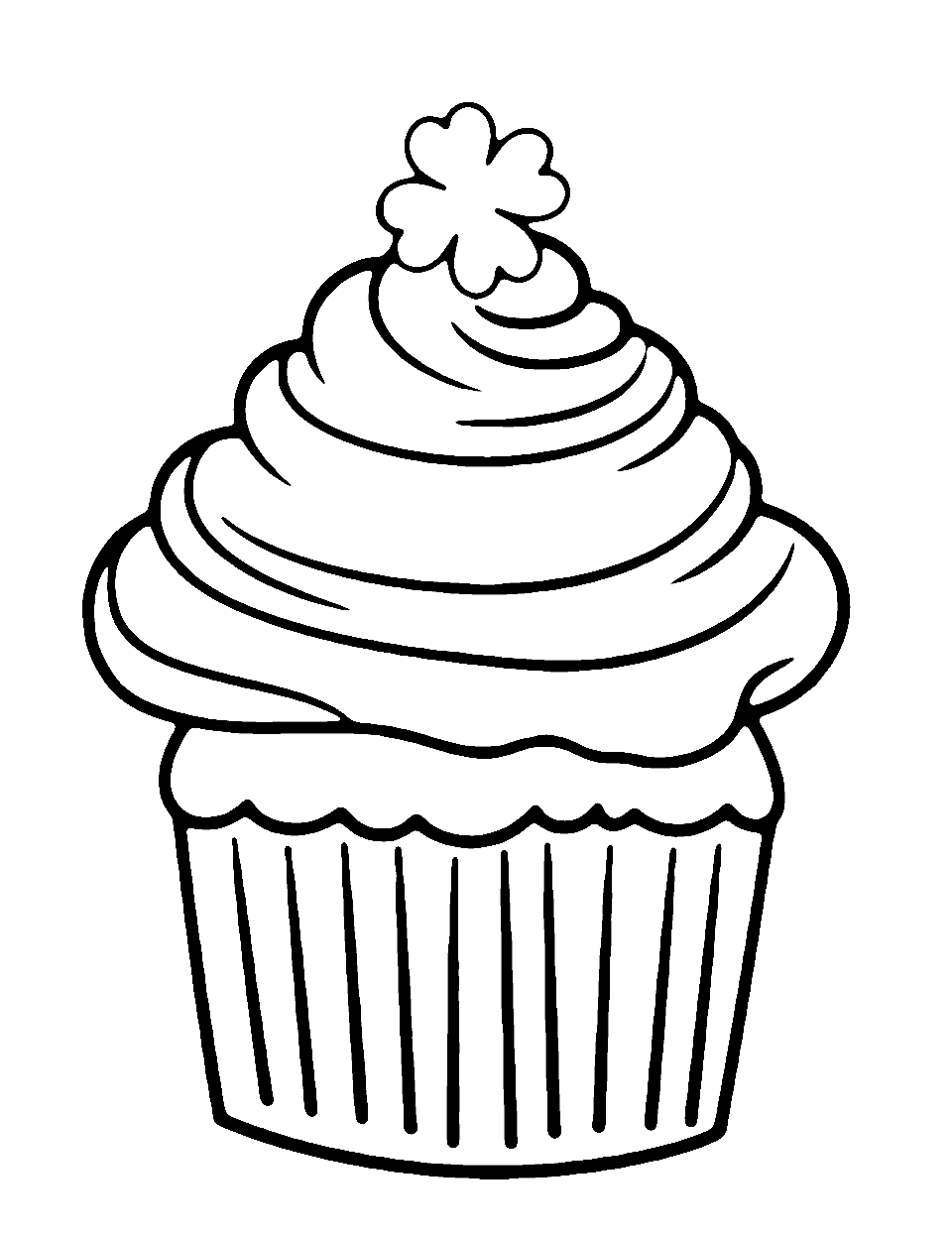 Happy St. Patrick's Day Cupcake Coloring Page - A delicious cupcake with green frosting and a shamrock on top.
