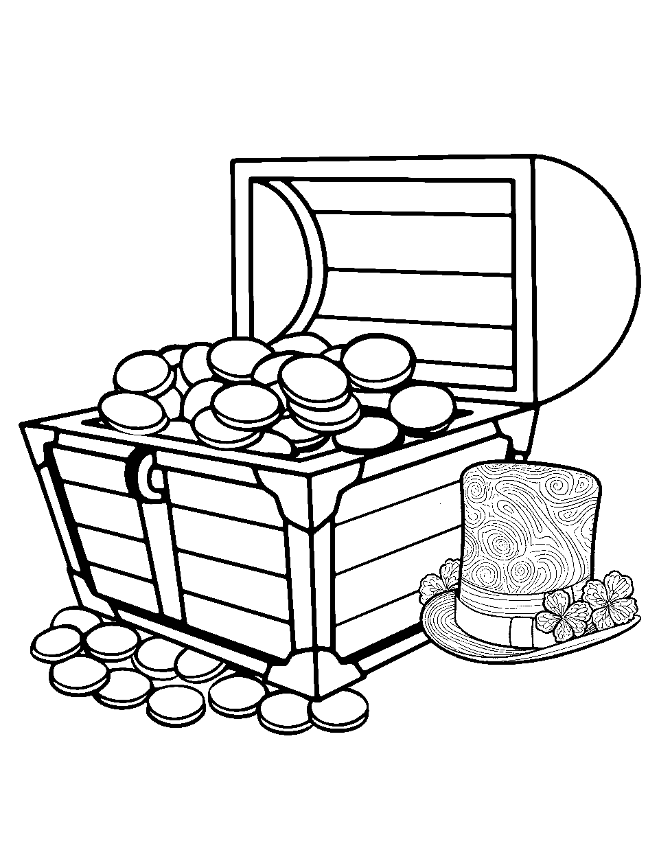 Leprechaun's Treasure Chest St Patricks Day Coloring Page - An old treasure chest filled with gold coins.