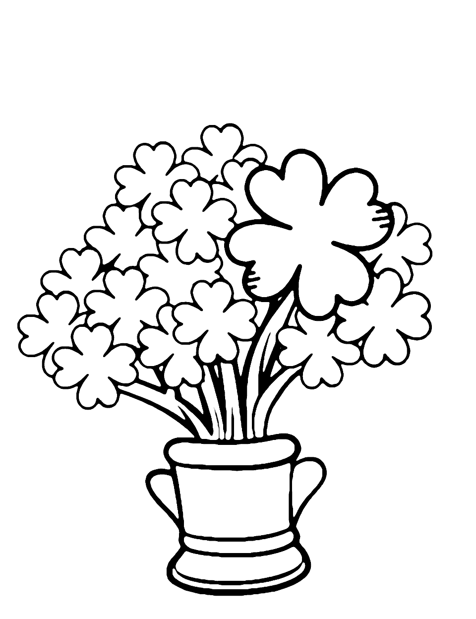 Shamrock Vase St Patricks Day Coloring Page - A vase filled with shamrocks, one larger and more prominent than the rest.