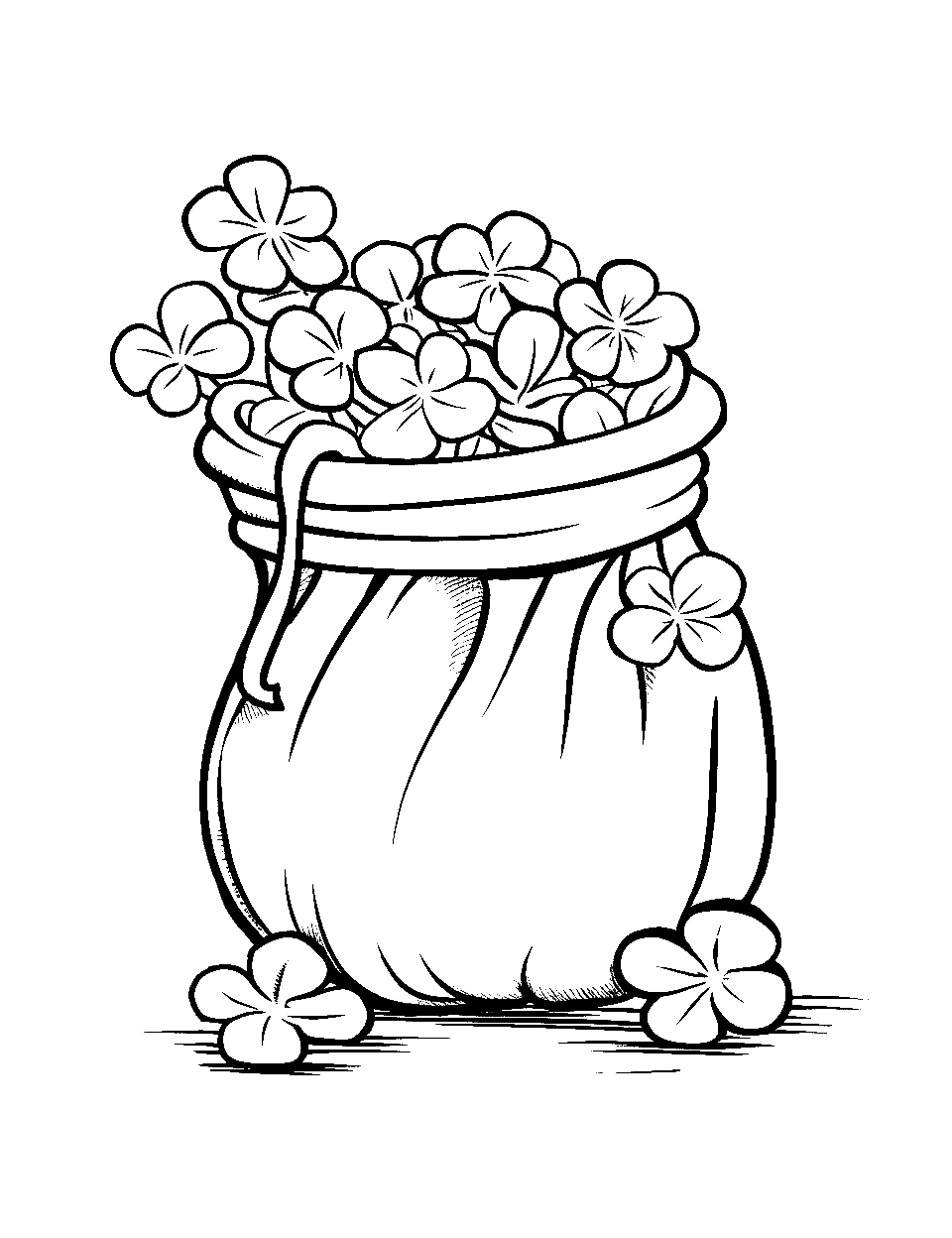 Leprechaun's Sack of Shamrock Coloring Page - A hefty sack filled with shamrocks flowing out.
