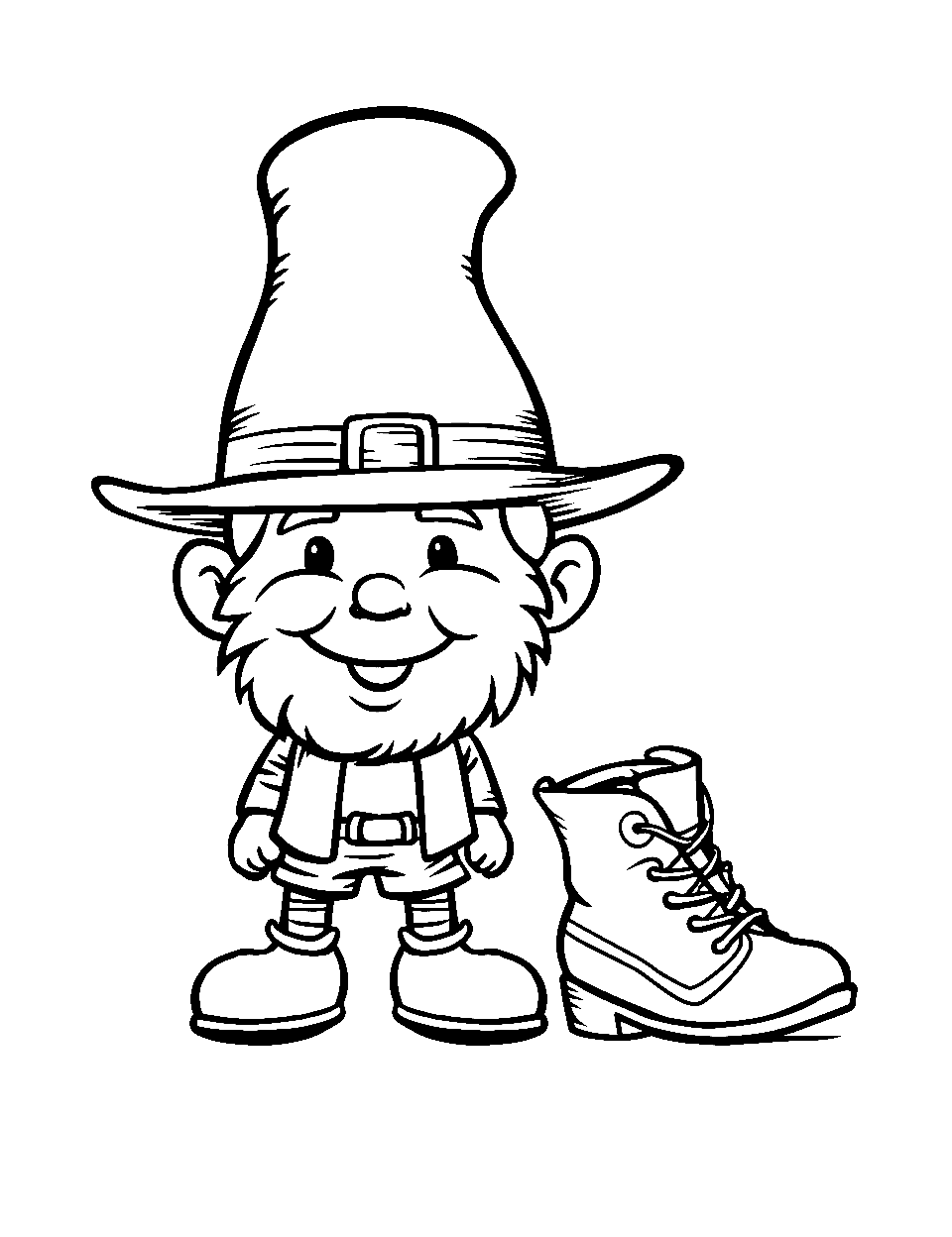 Small Leprechaun Beside a Shoe Coloring Page - A tiny leprechaun standing beside a human-sized shoe for scale.