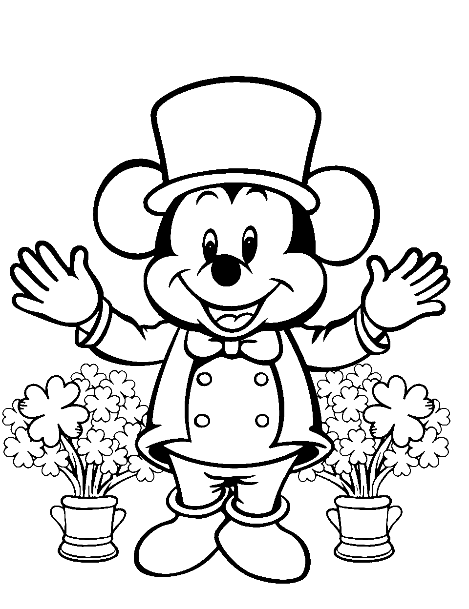 Mickey Mouse Wearing Green Coloring Page - Mickey Mouse dressed in a St. Patrick’s Day outfit with shamrocks around.