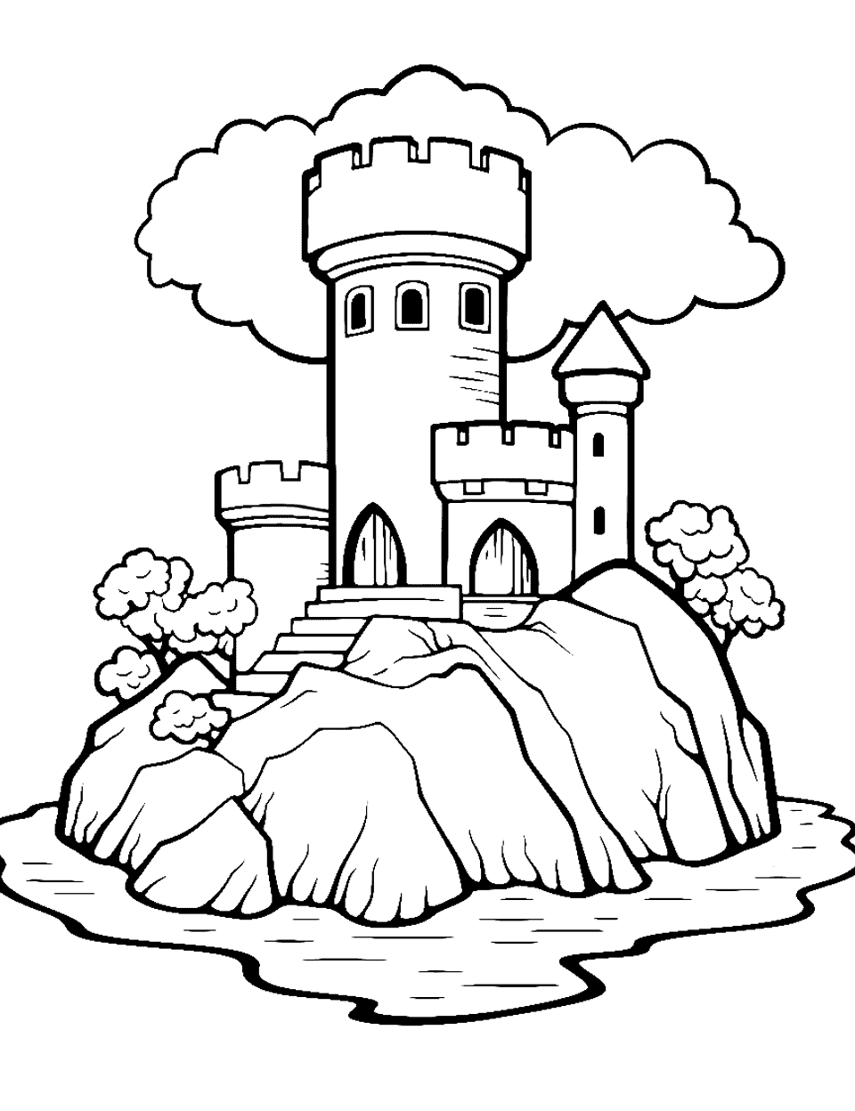 Irish Castle on a Hill Coloring Page - A distant Irish castle set upon a hill.