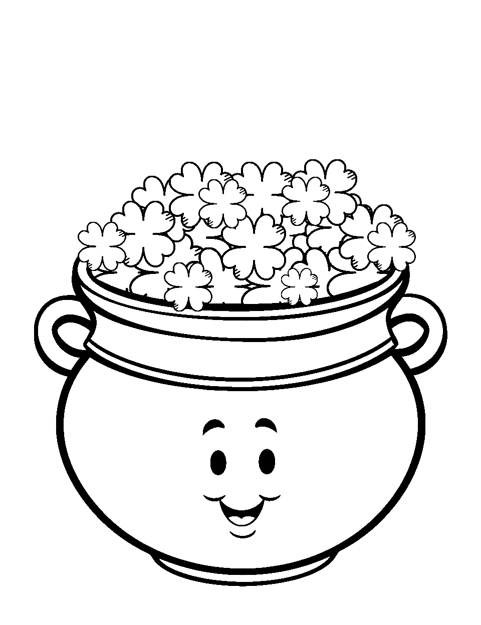 Kawaii Styled Pot of Shamrocks St Patricks Day Coloring Page - A kawaii styled pot filled with Shamrocks.