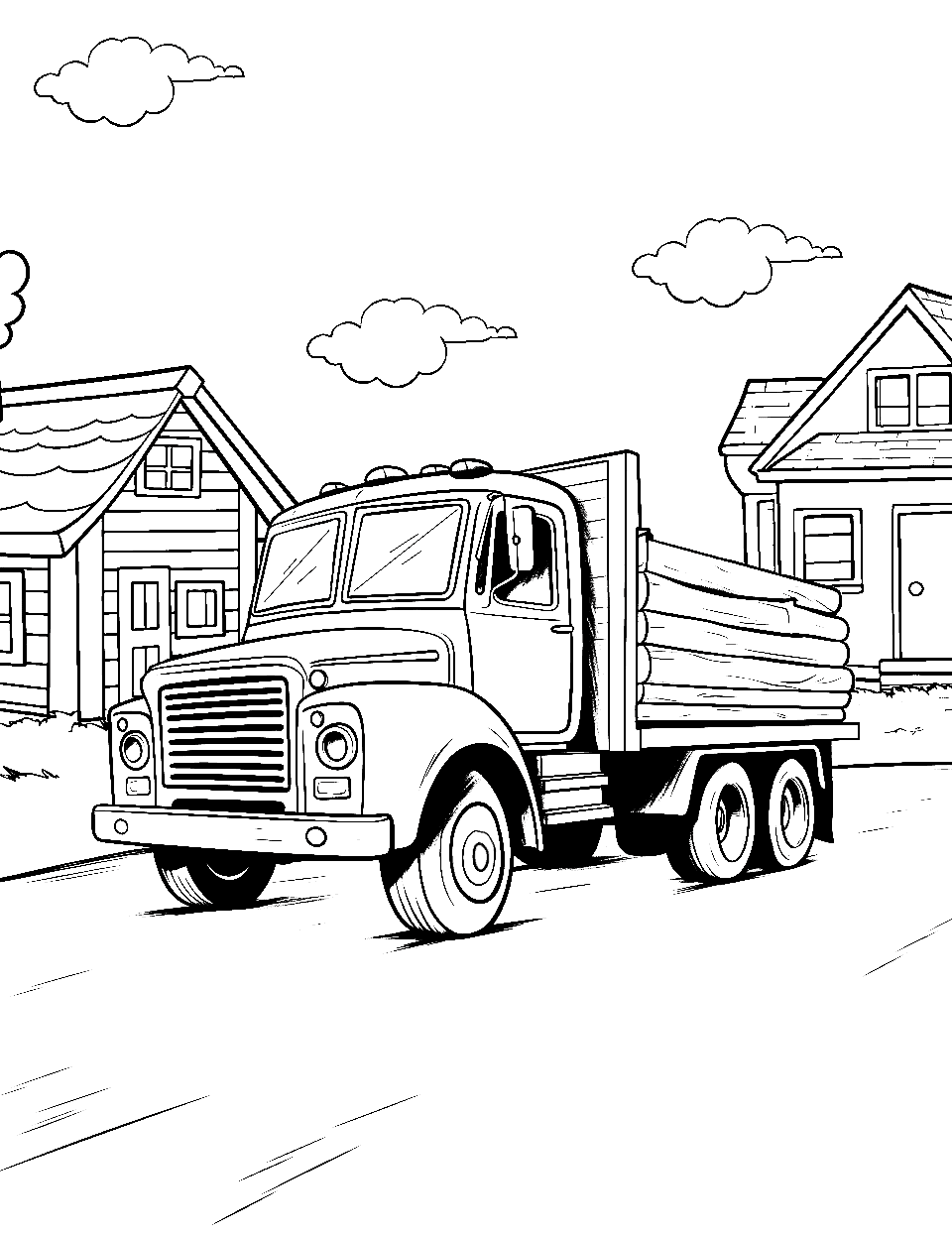 Flatbed Truck Delivery Coloring Page - A flatbed truck carrying wooden logs through a quiet town.