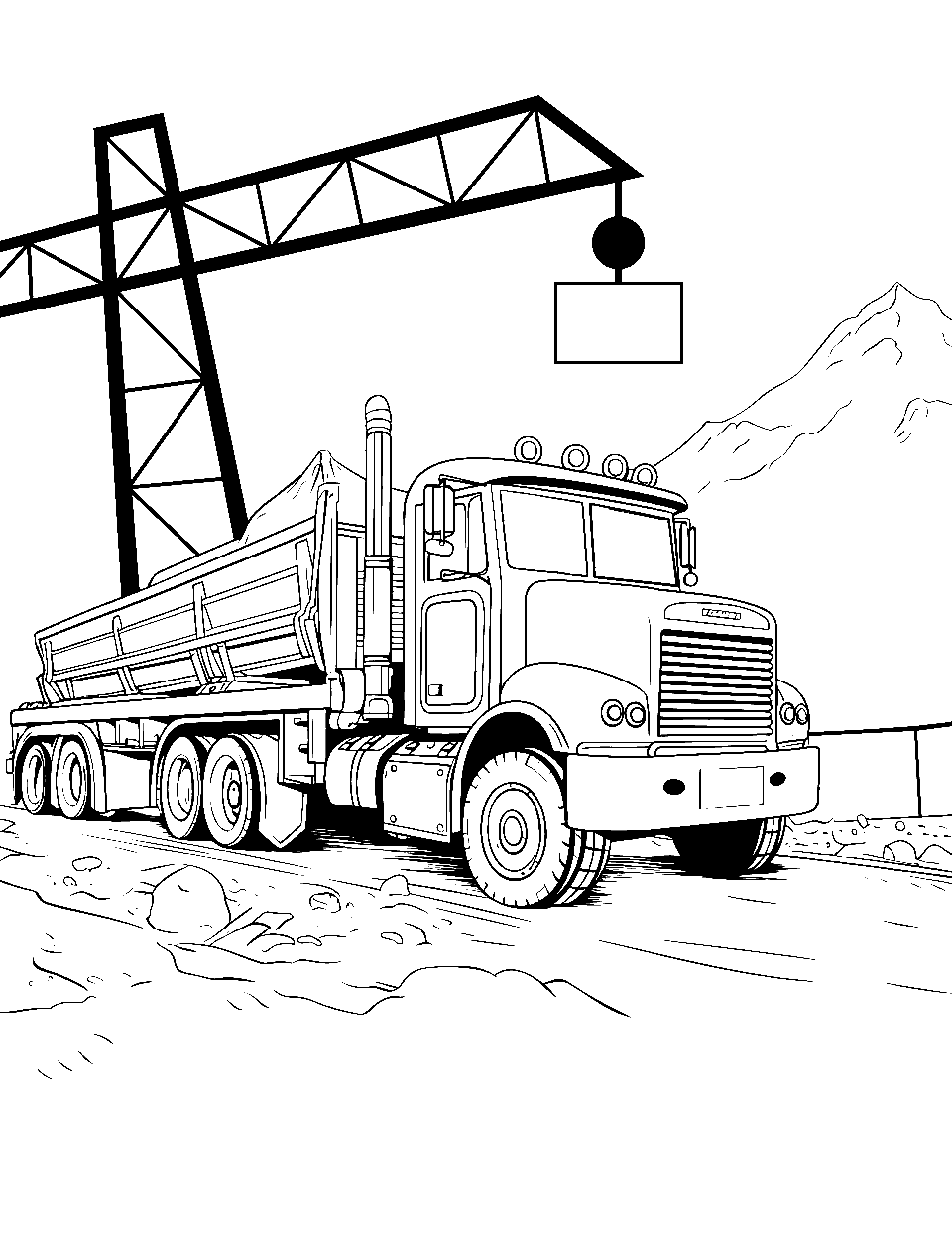 Cheerful Construction Site Coloring Page - A yellow construction truck parked beside the site of construction.