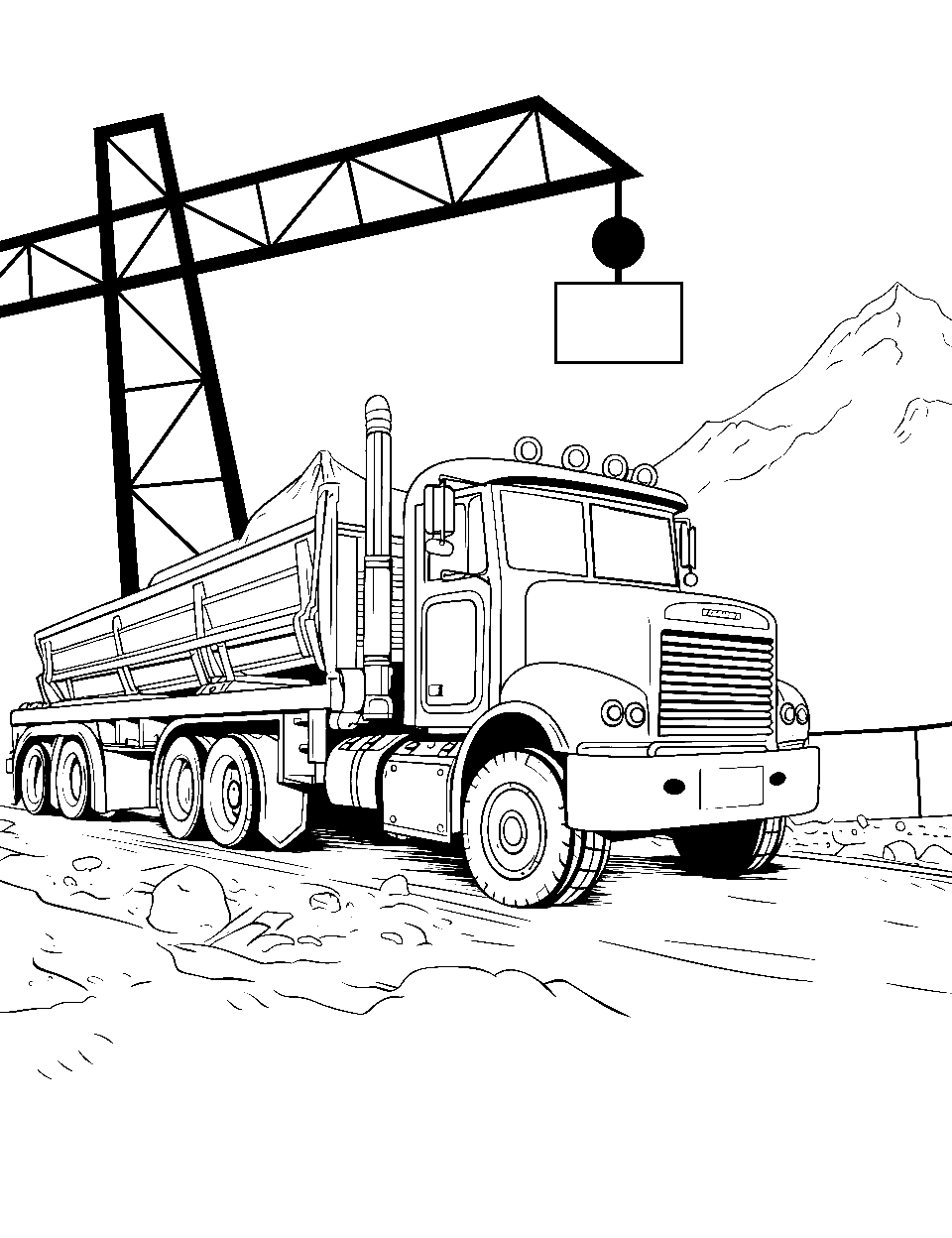 Cheerful Construction Site Truck Coloring Page - A yellow construction truck parked beside the site of construction.