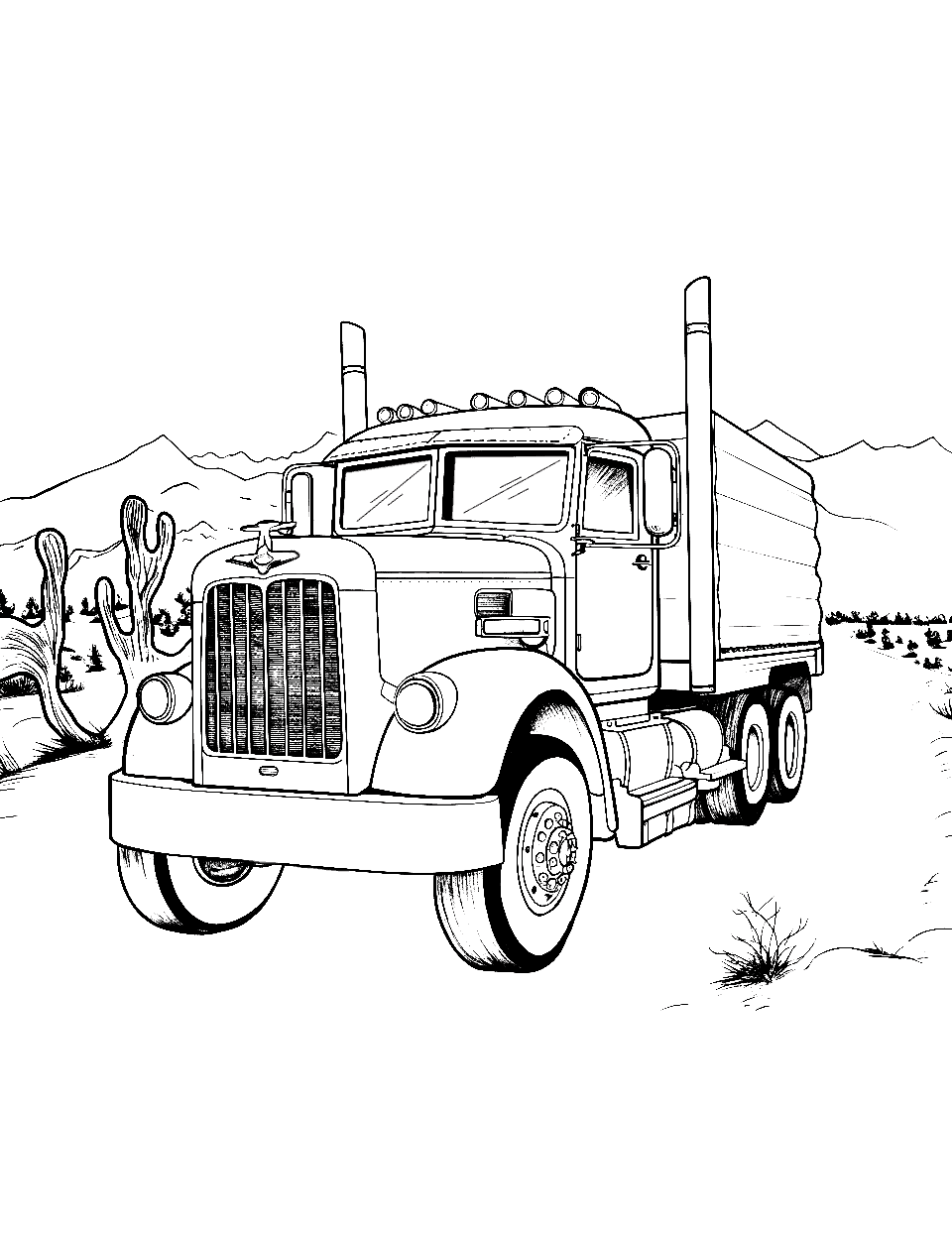 Peterbilt on a Mission Truck Coloring Page - A robust Peterbilt truck driving through a desert with cacti around.