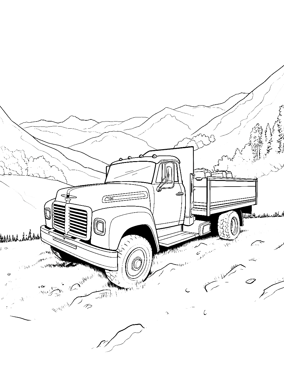 Pickup Truck on Hills Coloring Page - A pickup truck navigating over green, rolling hills.
