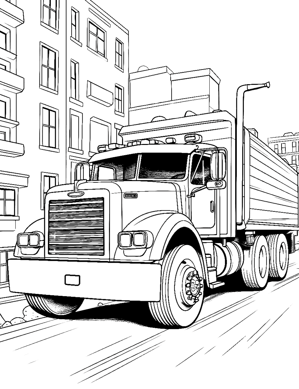 Semi Truck in the City Coloring Page - A semi-truck driving through a city street with tall buildings around