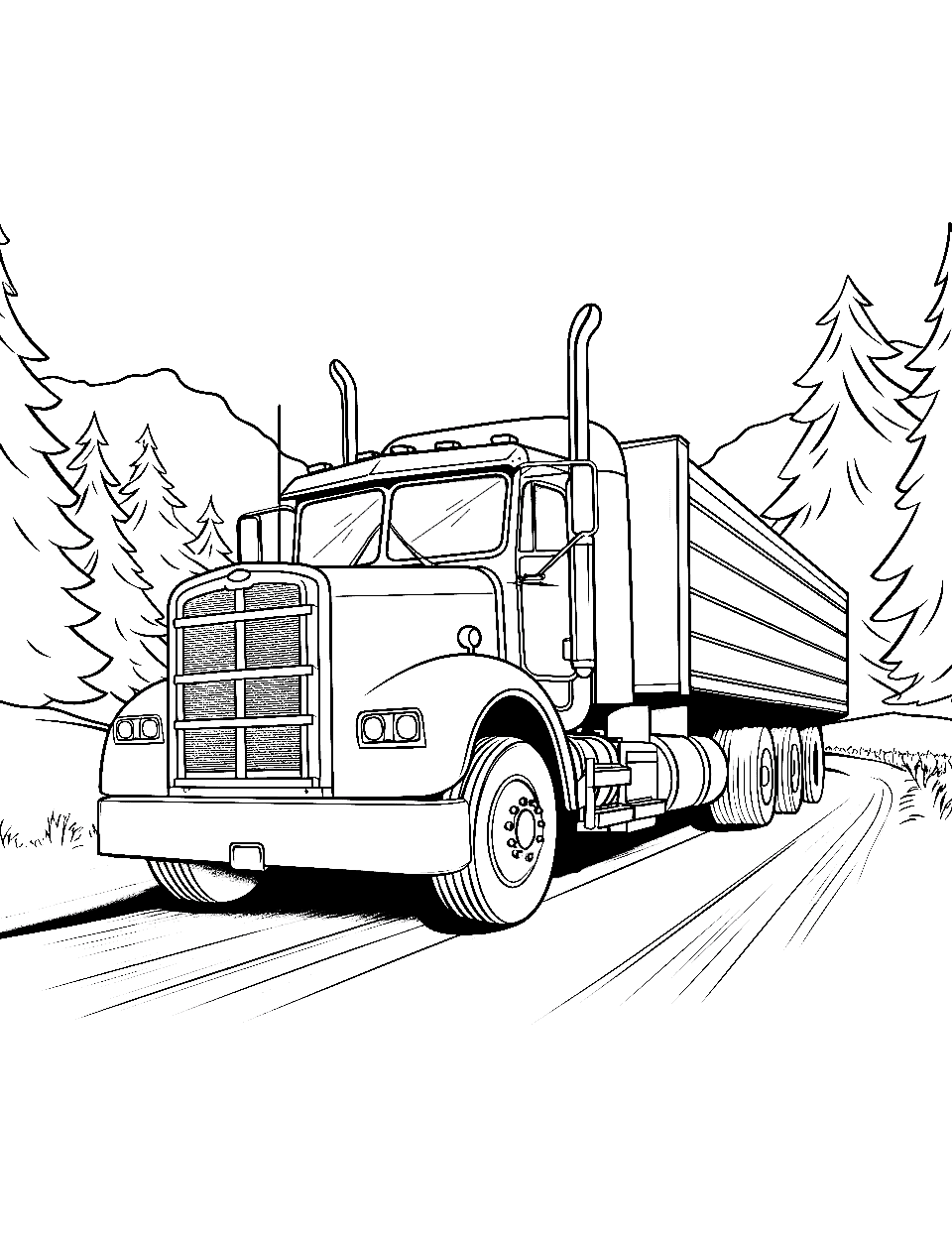14 Wheeler on Haul Coloring Page - A 14-wheeler truck driving on a solitary road.
