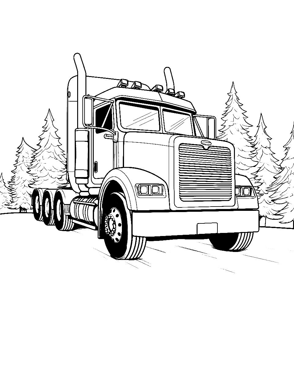 Semi Truck at Rest Area Coloring Page - A semi-truck parked in a rest area.
